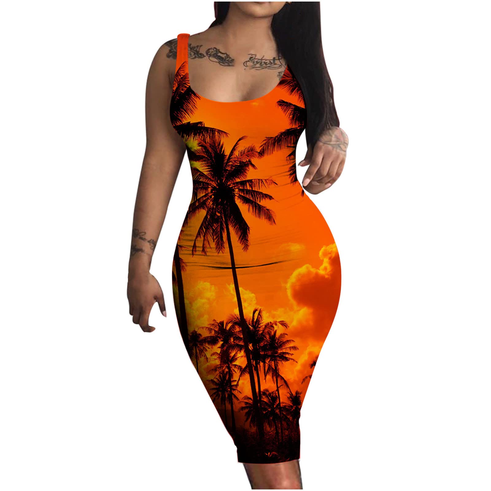 Sexy Bodycon Dress for Women - Tropical Print Scoop Neck Sleeveless Mini Dress, Slim Fit Summer Beach Party Dress, Casual Tank Dress for Night Out & Vacation