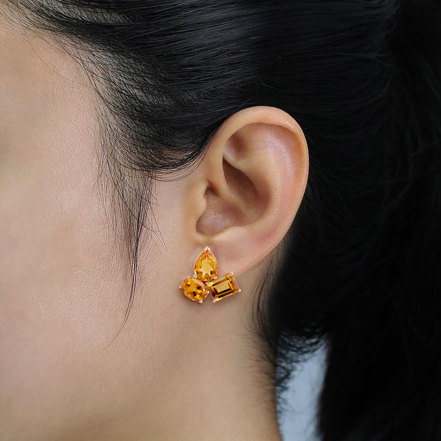 18k Rose Gold Citrine November Birthstone Three Stone Stud Earrings - Perfect Gift for Birthdays, Anniversaries & Special Occasions