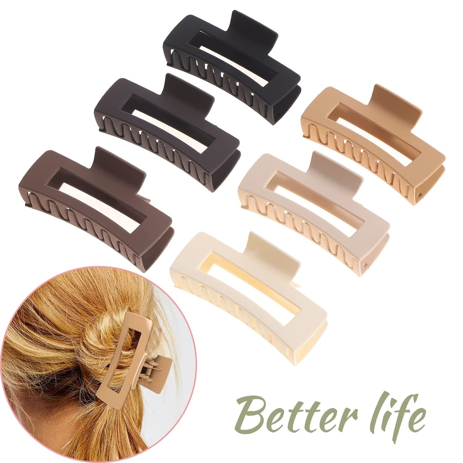 Fameza 6-Pack Square Claw Hair Clips - Large & Small Neutral Matte Non-Slip Jaw Clips for Women - Strong Hold for Thick & Thin Hair - Perfect for Updos, Ponytails & Everyday Styling