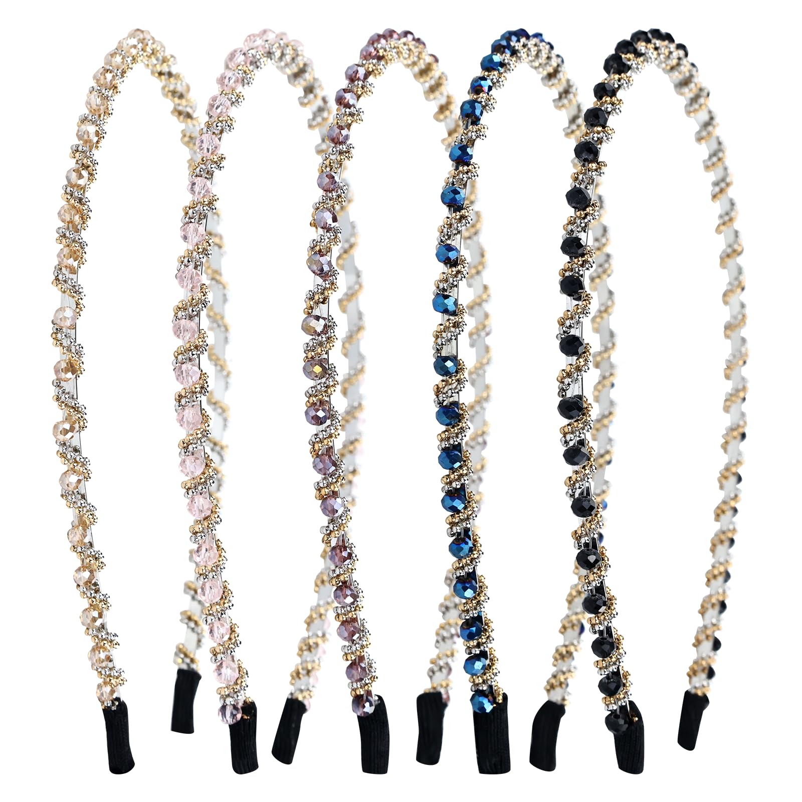 Sparkly Crystal Rhinestone Metal Thin Headbands for Women - 5 Pack Wedding, Party, Prom Hair Accessories - Elegant Hair Hoops for Girls & Teens - Perfect for Bridal, Birthday & Special Occasions