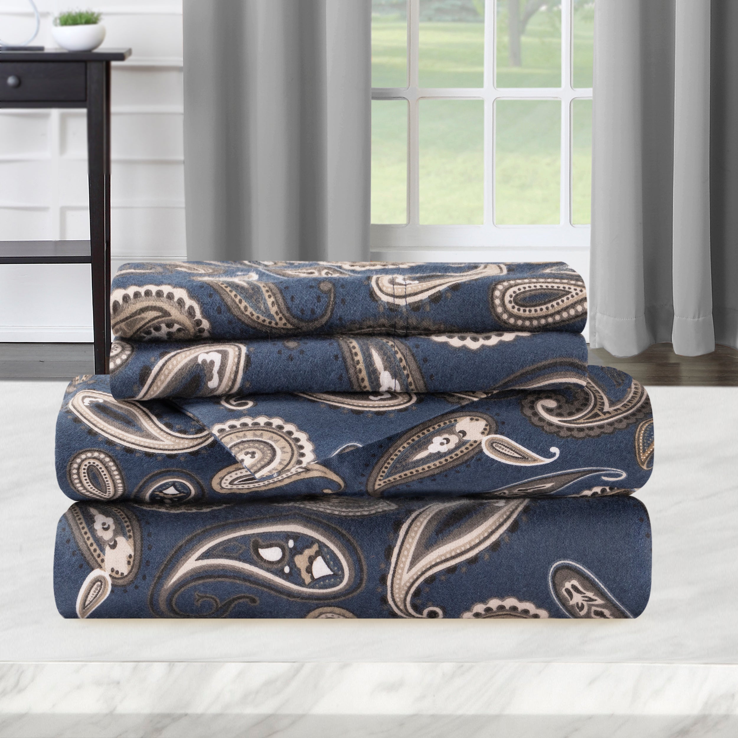 Soft Flannel Cotton Floral Paisley Bed Sheet Set with Deep Pockets - Queen Size, 4-Piece Set for Cozy Winter Nights & Guest Room Comfort