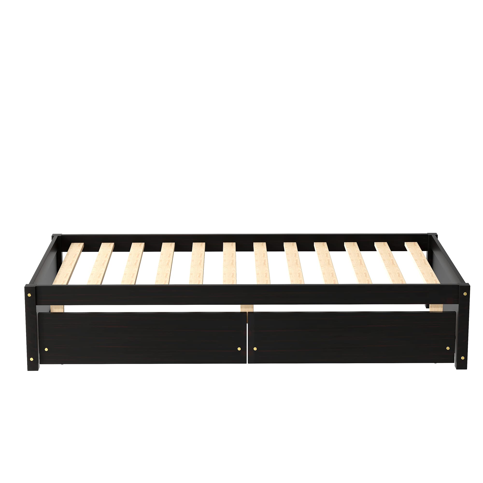 KINFFICT Twin Size Platform Bed Frame with 2 Storage Drawers - Solid Wood Slat Support for Kids & Adults - No Box Spring Needed - Easy Assembly (Espresso) - Perfect for Small Bedrooms, Guest Rooms & Kids' Rooms