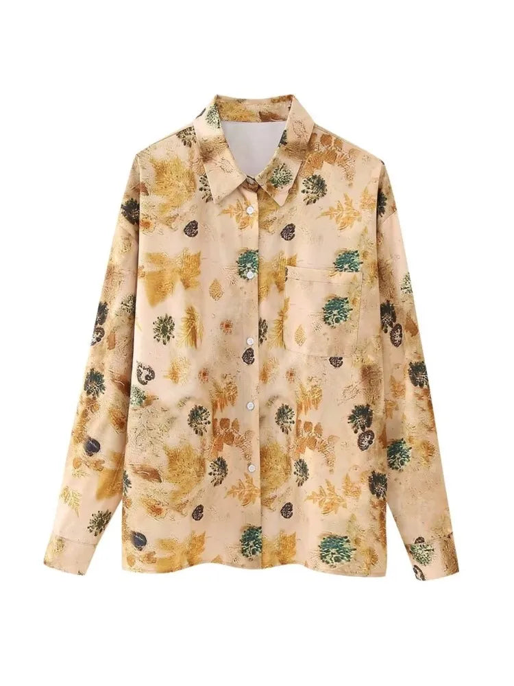 Aonibeier Women's Satin Printed Loose Shirt & Wide Pants Set - Y2K Summer Long Sleeve Casual Blouse Outfit for Women | Perfect for Office Wear, Date Night & Vacation Outfits