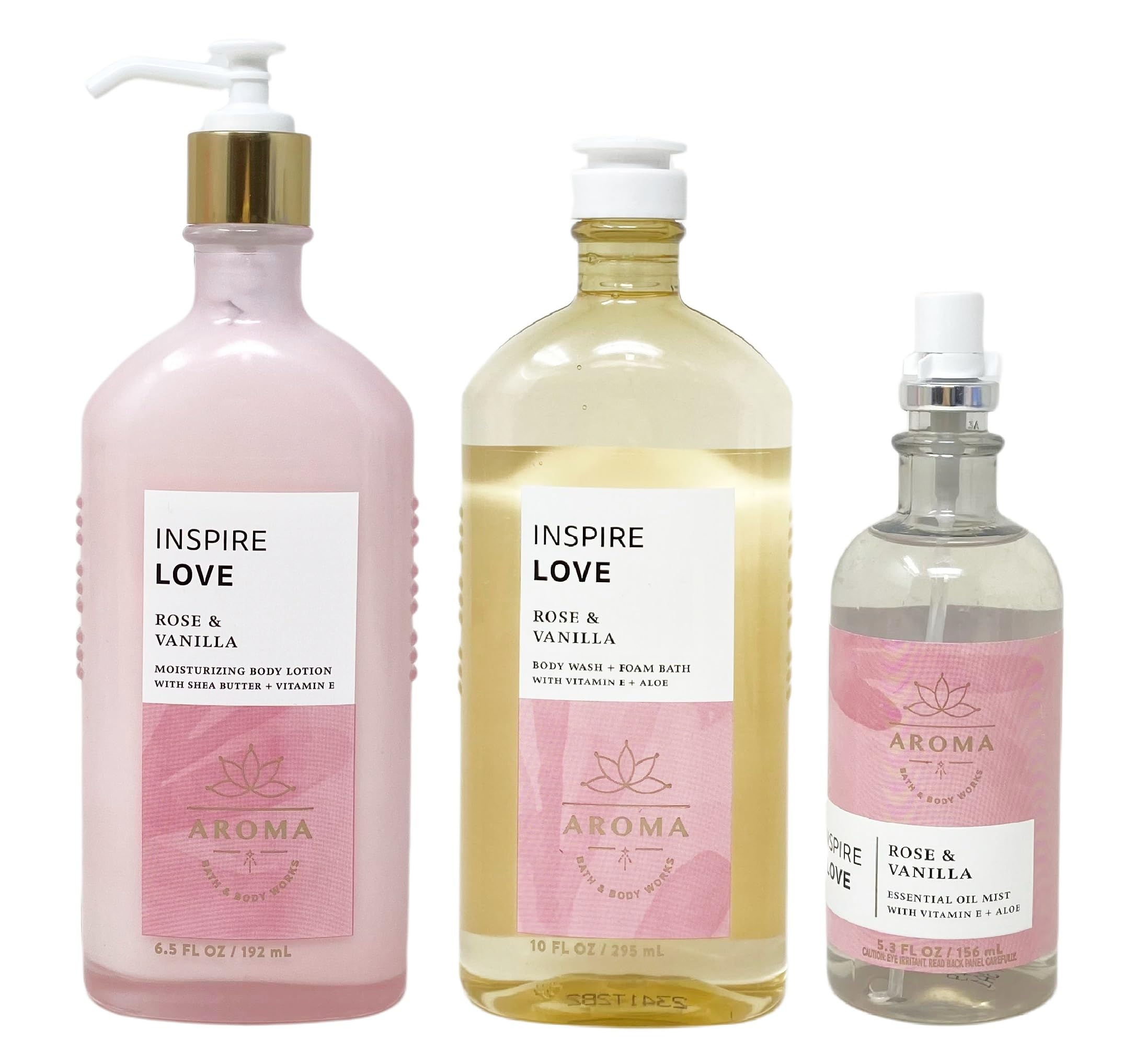 Bath and Body Works Aromatherapy Love Rose & Vanilla Trio Set - Moisturizing Body Lotion, Shower Gel & Foam Bath with Essential Oil Mist - Full Size Gift Set for Women - Perfect for Relaxation, Self-Care & Romantic Gifts