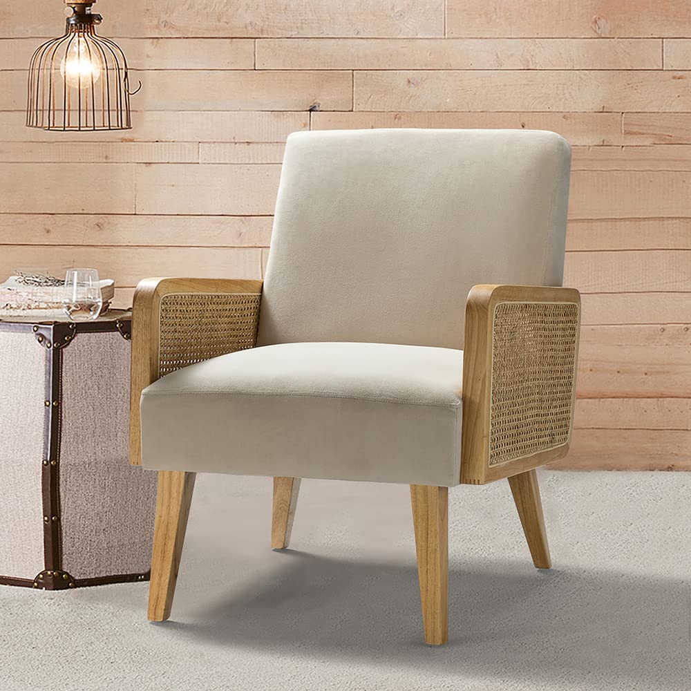 Mid Century Modern Accent Chair - Upholstered Living Room Chair with Rattan Armrest & Wood Legs, Comfy Lounge Armchair for Bedroom, Hosting Room, Reading Room - Perfect for Relaxing, Entertaining & Reading (TAN)