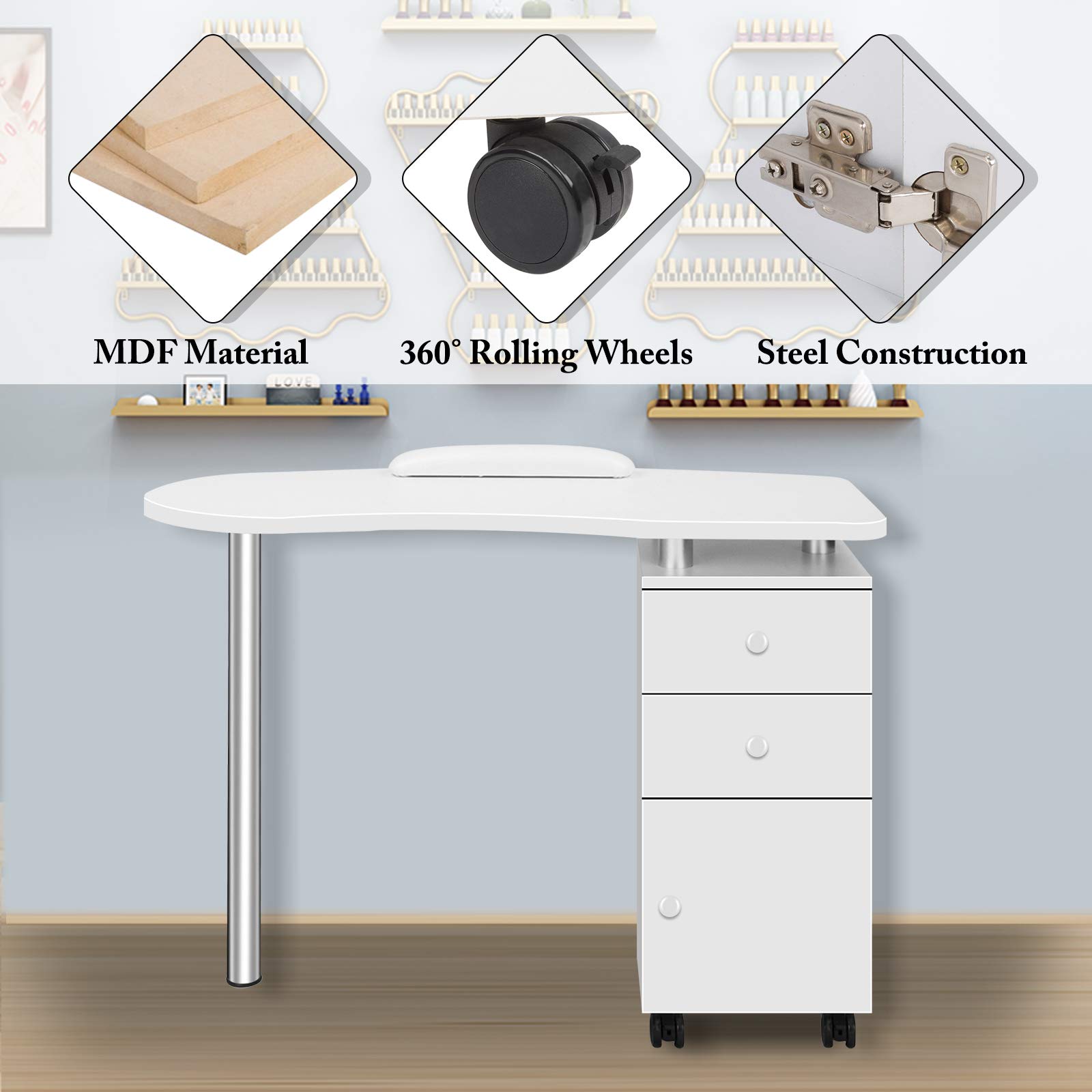 Professional Rolling Nail Art Station - Mobile Manicure Table with 2 Drawers & Storage Cabinet - White Wooden Beauty Salon Workstation for Nail Technicians | Perfect for Spa, Salon & Home Nail Care Business