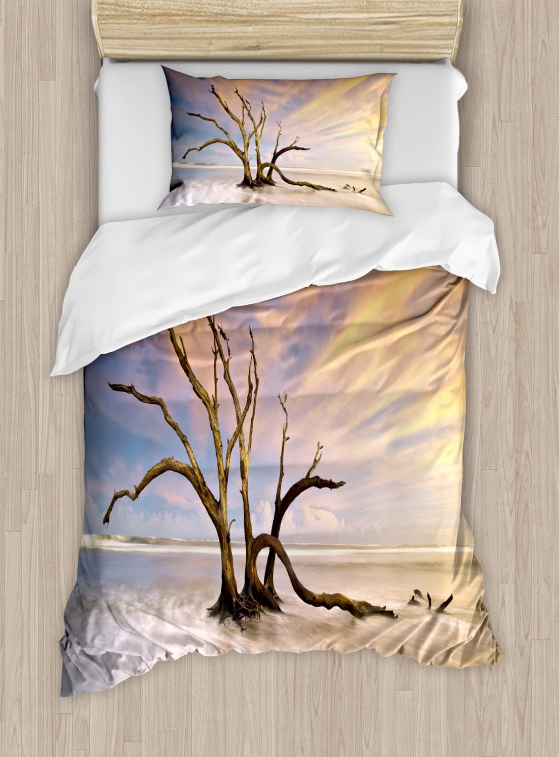 Ambesonne Driftwood Duvet Cover Set - Seascape Sunset Ocean Landscape with Dead Tree Print, 2-Pack Twin Size Bedding (Beige & Orange) for Coastal & Boho Bedroom Decor