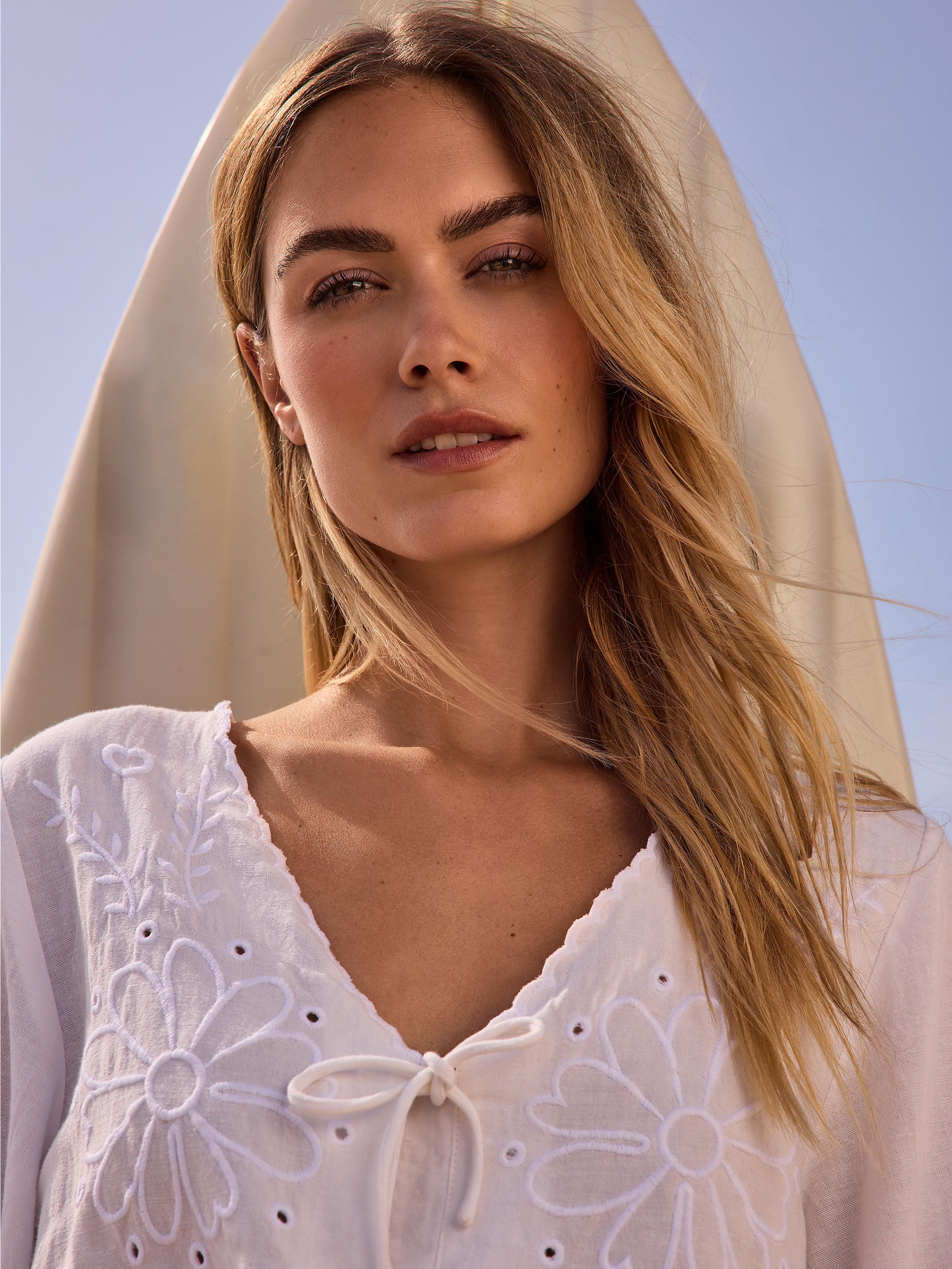 Elegant White Eyelet Embroidery V-Neck Blouse with Front Ties - Perfect for Summer Outfits, Office Wear & Casual Occasions