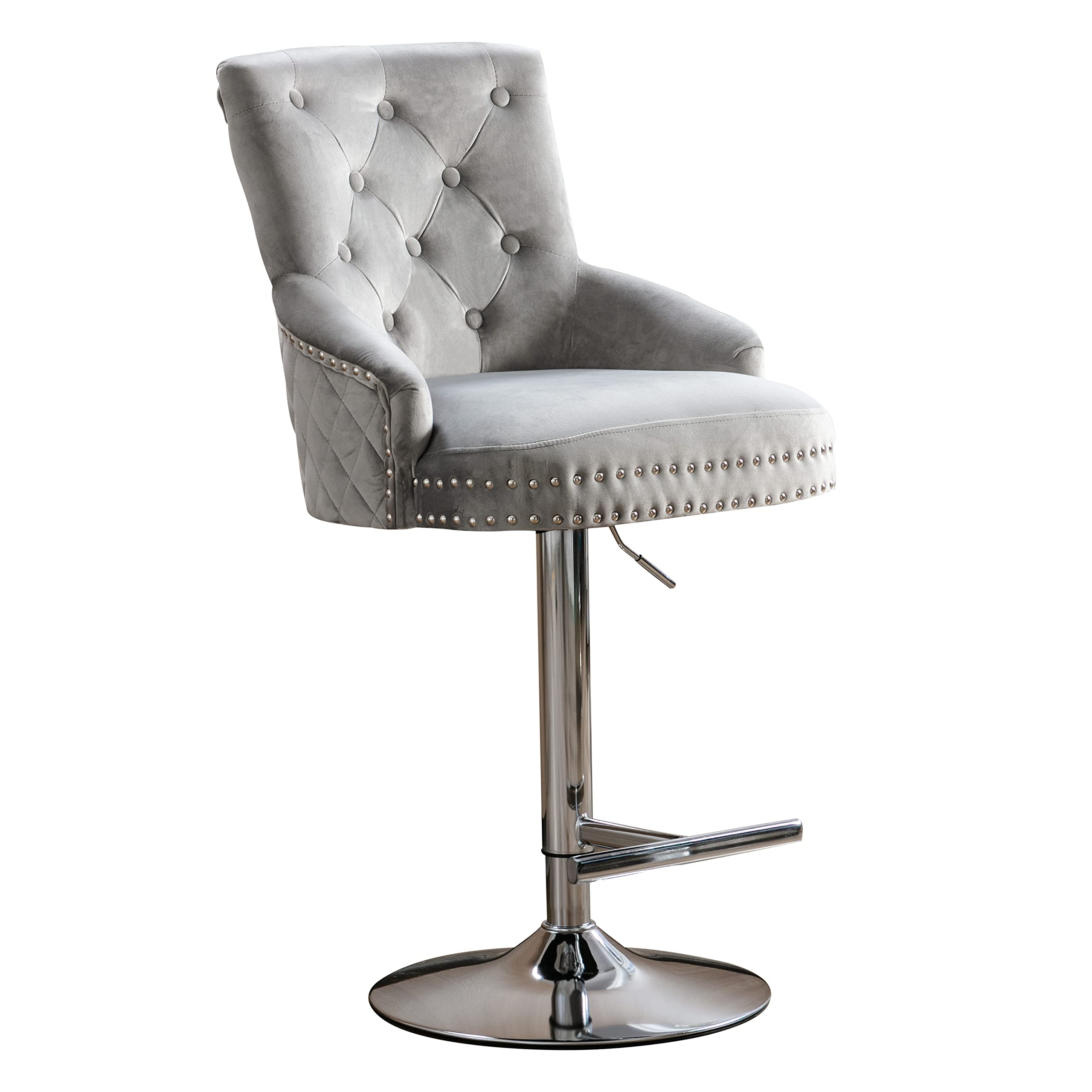 Premium Velvet Bar Stool with 360° Swivel & Adjustable Height - Button Tufted Trim & Footrest - Perfect for Kitchen Islands, Home Bars & Modern Dining Areas