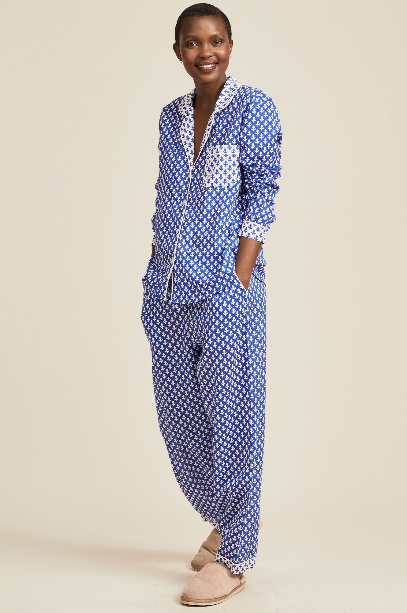 Premium Cotton Pajama Set for Women - Soft Leaf Blue & White Sleepwear | Cozy Loungewear for Relaxing at Home or Sleepovers