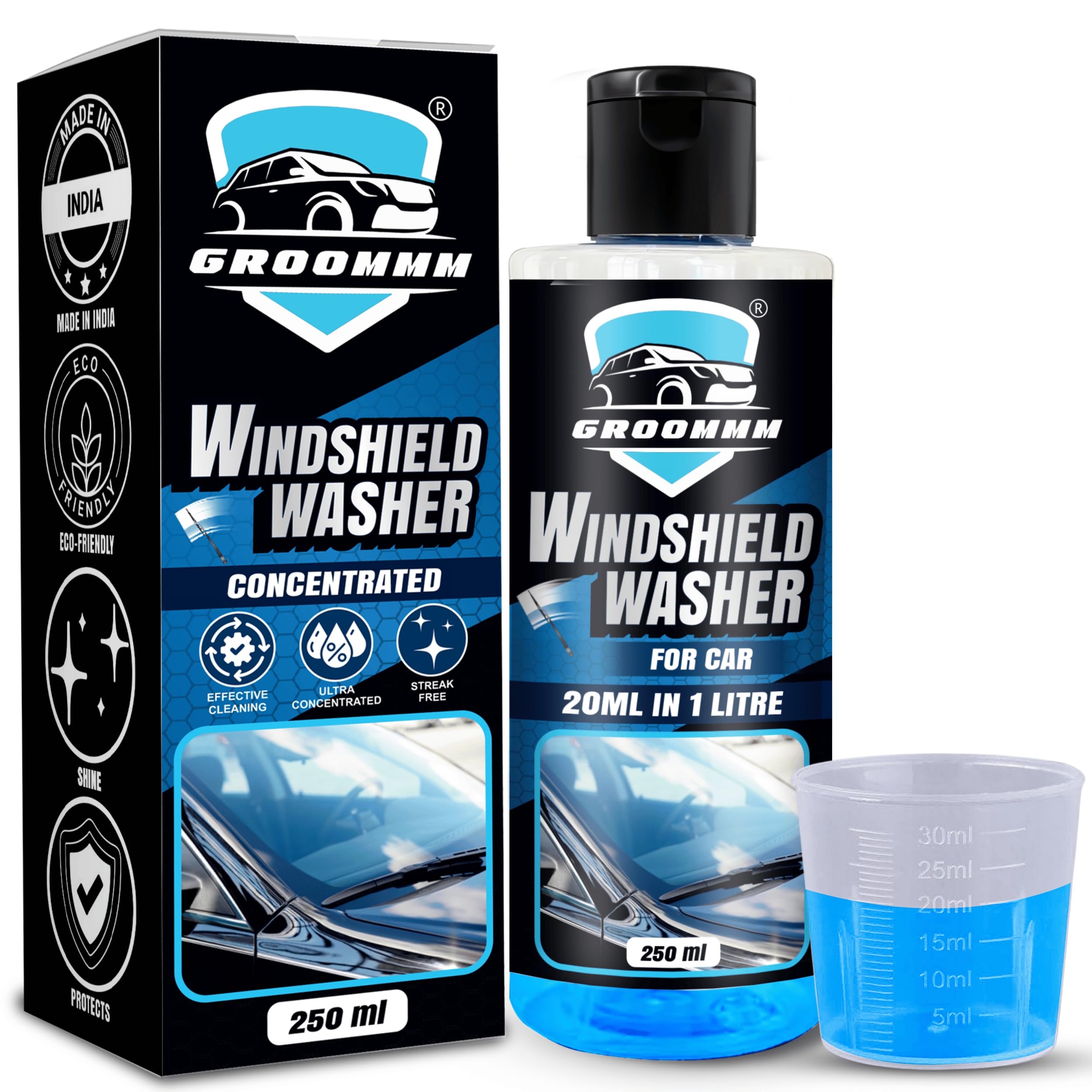 Groommm Concentrated Windshield Washer Fluid for Cars - 250ml (Dilutes to 1L) | Streak-Free Car Glass Cleaner for Crystal Clear Visibility | All-Weather Wiper Fluid for Safe Driving in Rain, Snow & Dust