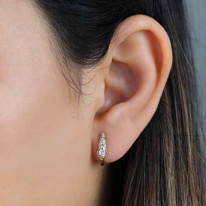 14K Solid Yellow Gold U-Shaped Round CZ Hoop Earrings for Women - Cubic Zirconia Studded Huggie Earrings for Everyday Wear & Special Occasions