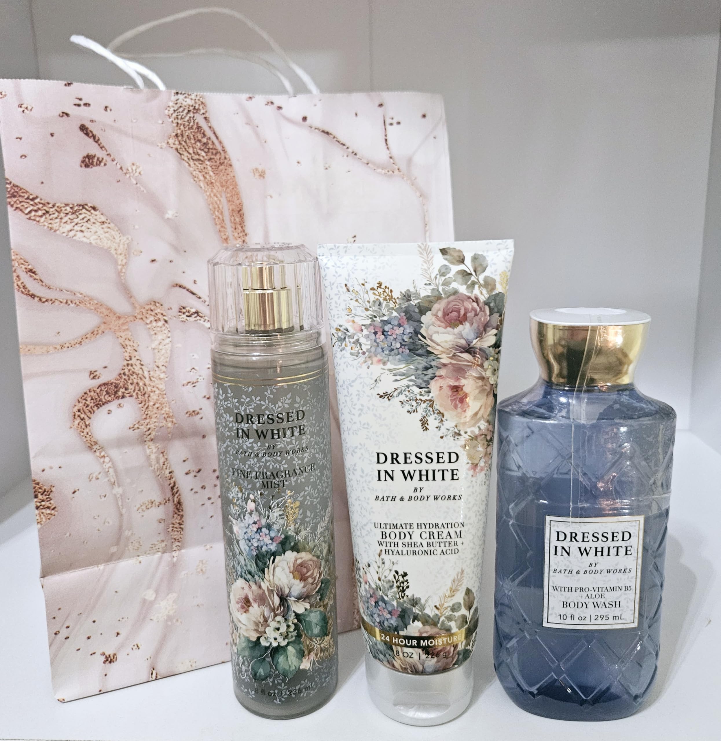 Dressed in White Bath & Body Gift Set - 10 fl oz Body Wash, 8 oz Body Cream, Fine Fragrance Mist with Gift Bag | Perfect for Holidays, Birthdays & Bridal Showers