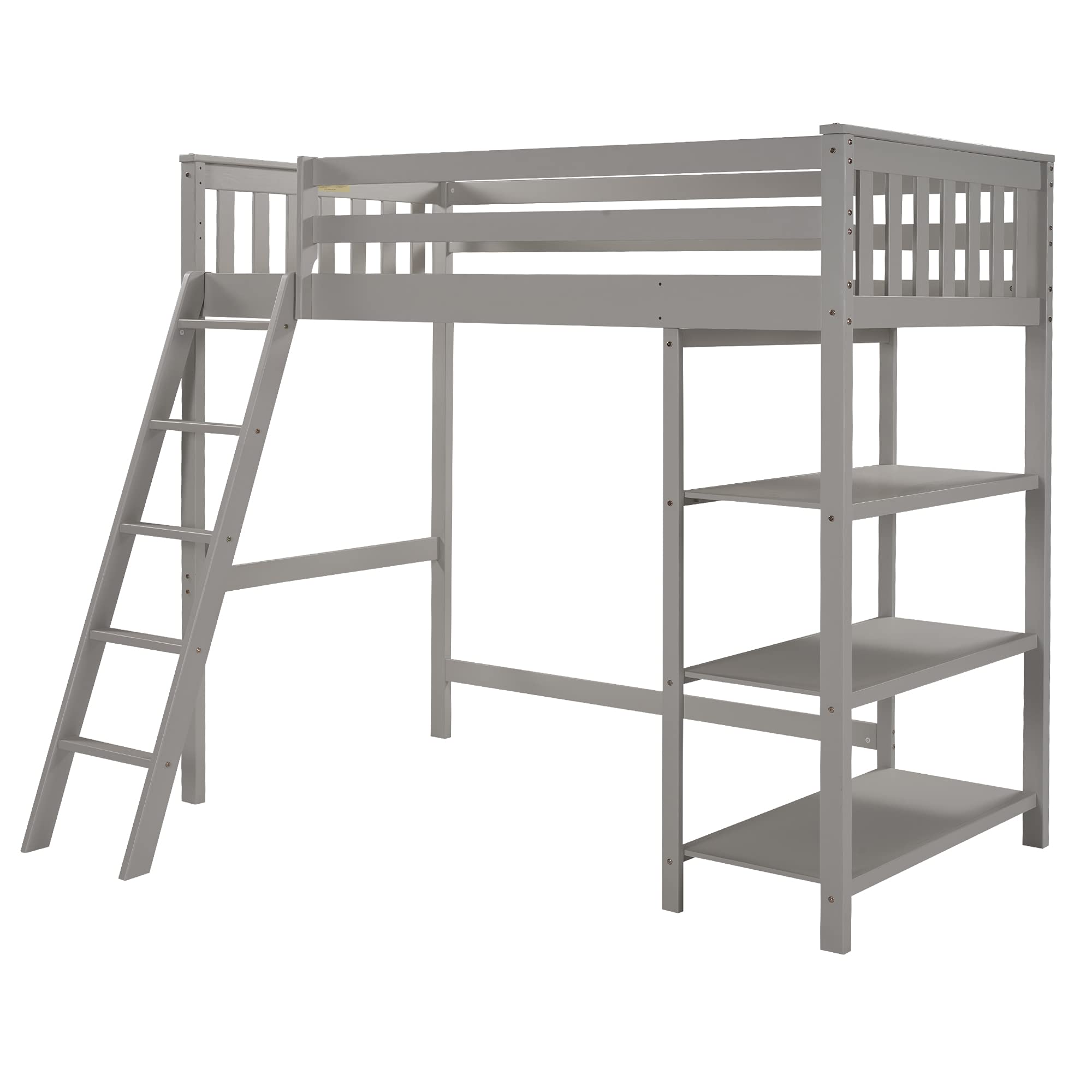 Solid Wood Twin Size Loft Bed Frame with Twin Platform Bed, 3 Storage Shelves & Safety Guardrail - Space Saving Kids & Teens Bedroom Furniture for Small Rooms (Gray) - Perfect for Dorms, Apartments & Shared Kids' Rooms