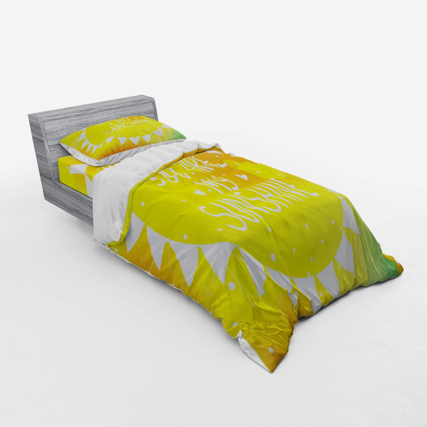 Ambesonne Saying Bedding Set - Yellow 3-Piece Duvet Cover Set with Sham & Fitted Sheet, Twin Size | Geometric Triangle Dot Love Romance Artwork with Radiant Sunshine Phrase | Perfect for Couples' Bedrooms, Guest Rooms & Dorm Decor