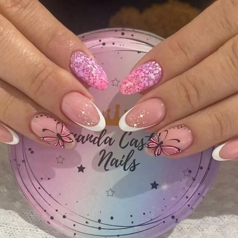 24pcs Short Round Head Sparkling French Fake Nails with Glue - Full Cover Almond Press On False Nails with Waves Stripes Design - Perfect for Parties, Weddings, and Special Occasions