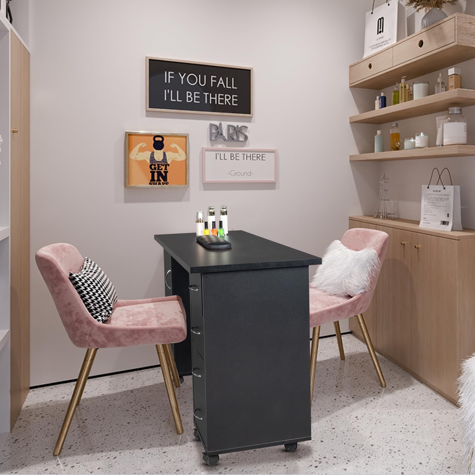 Goujxcy Professional Rolling Nail Table - Manicure Station with 4 Drawers, Large Storage Cabinet & Wrist Rest - Portable Beauty Salon Nail Art Desk Equipment (Black) - Perfect for Nail Technicians, Home Salons & Mobile Nail Services