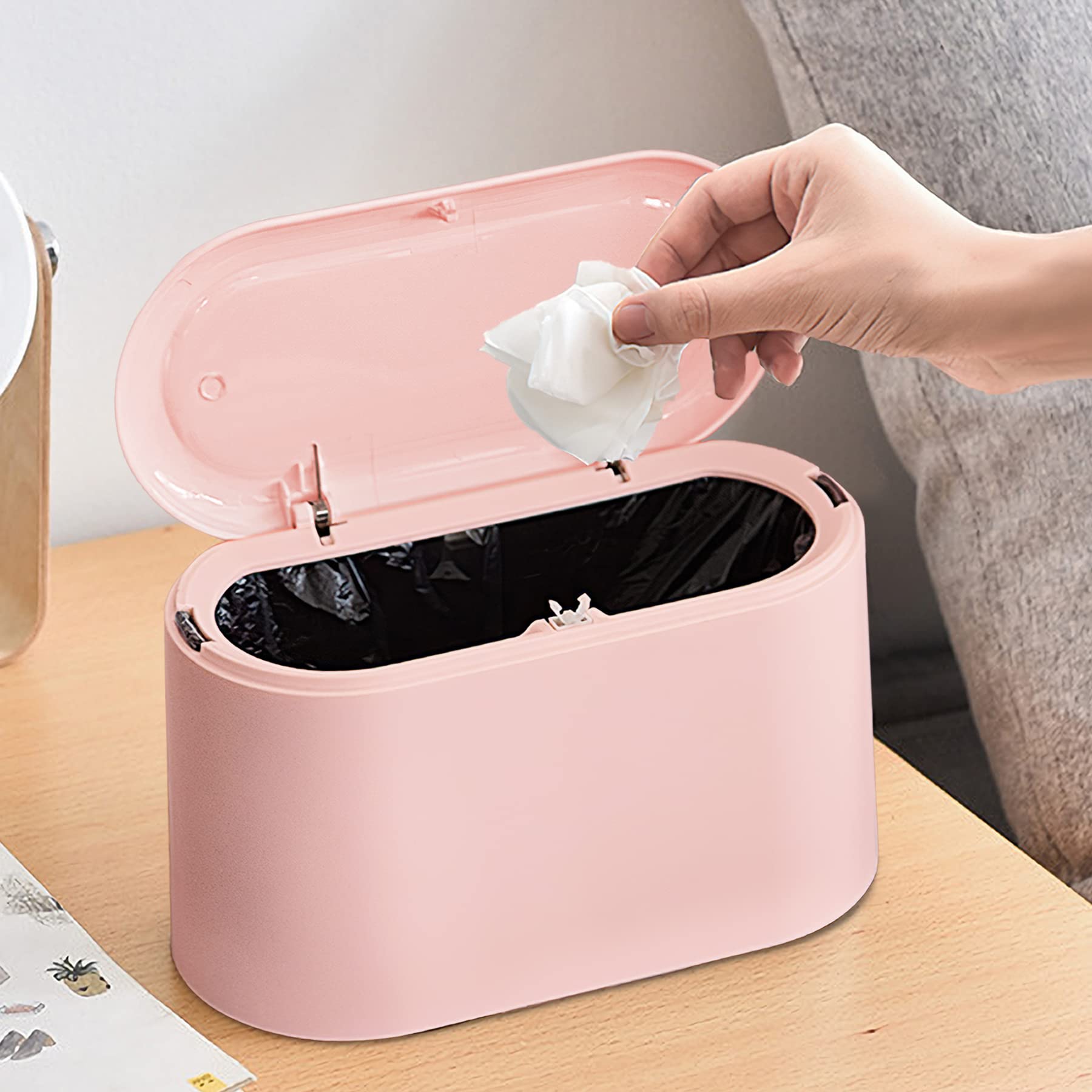 Mini Trash Can with Lid - Small Removable Garbage Bin, Tiny Plastic Waste Basket for Countertop, Desk & Table - Perfect for Bathroom, Office, Kitchen, Bedroom & Living Room - Compact Pop-Up Lint Bin (Pink) - Ideal for Home, Dorm & Workspace Organization