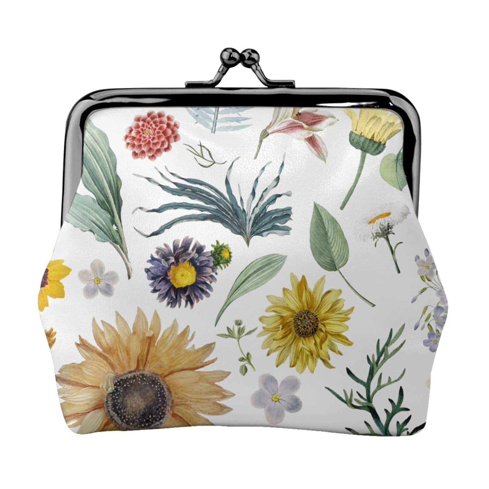 Stylish PU Leather Buckle Coin Purse with Chrysanthemum & Sunflower Floral Design - Girls' Kiss-Lock Change Wallet for Everyday Use, Travel & Gift Giving