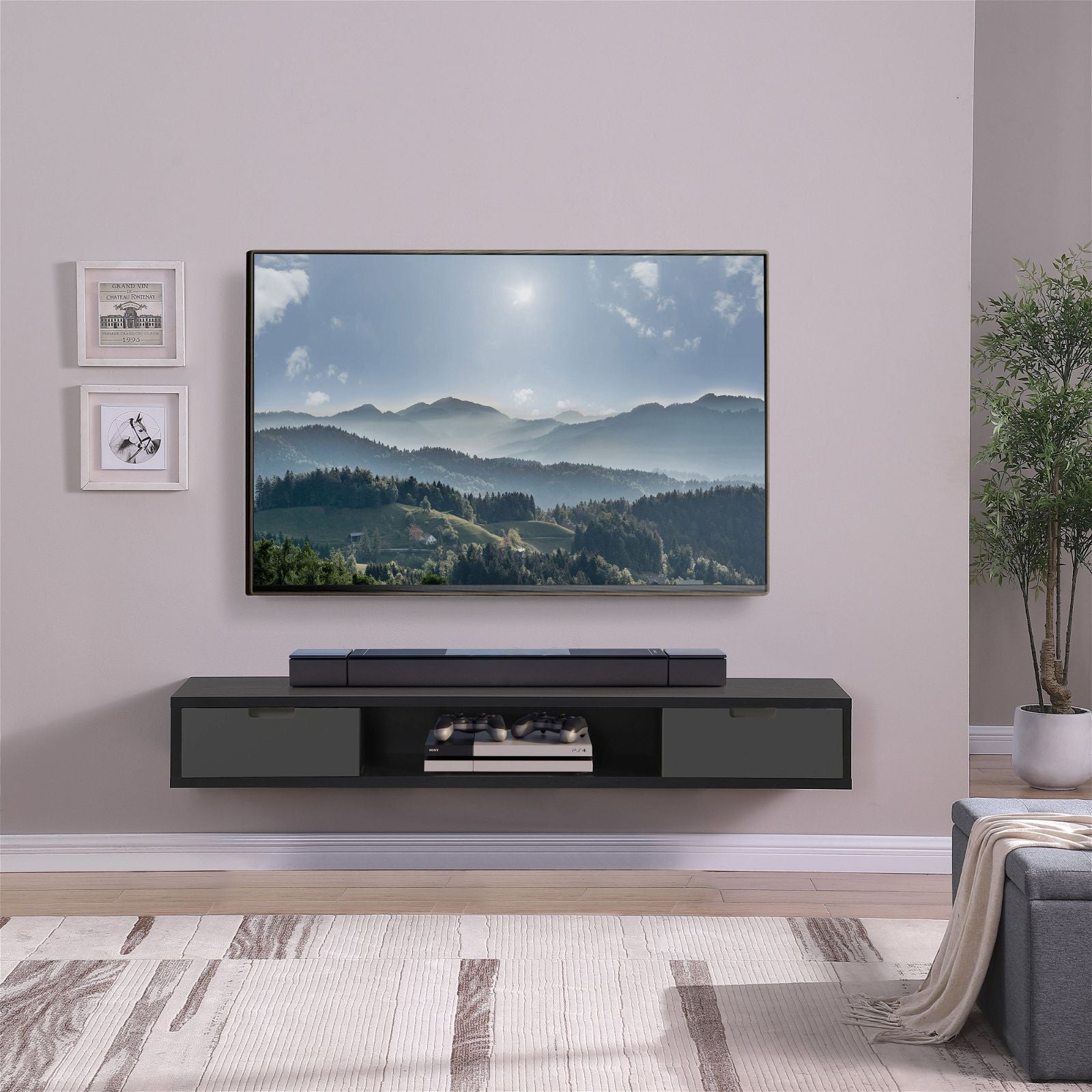 Wall Mounted TV Stand 1800mm Black Oak with Grey Drawers - Modern Entertainment Center for Living Room by Criterion | Perfect for Home Theater Setup & Media Storage