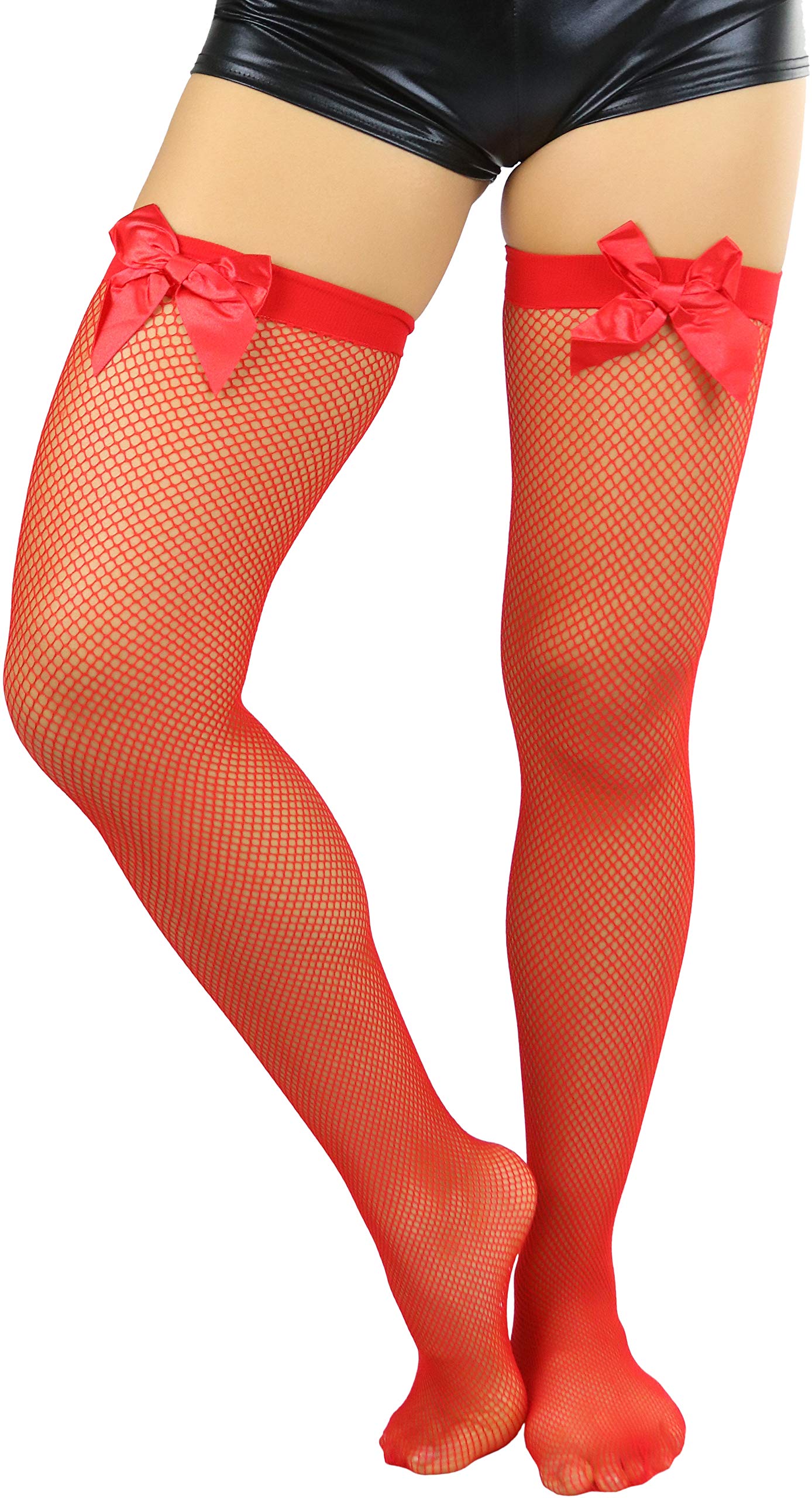 ToBeInStyle Women's Sexy Fishnet Thigh High Stockings with Satin Bow - Perfect for Valentine's Day, Cosplay & Evening Outfits
