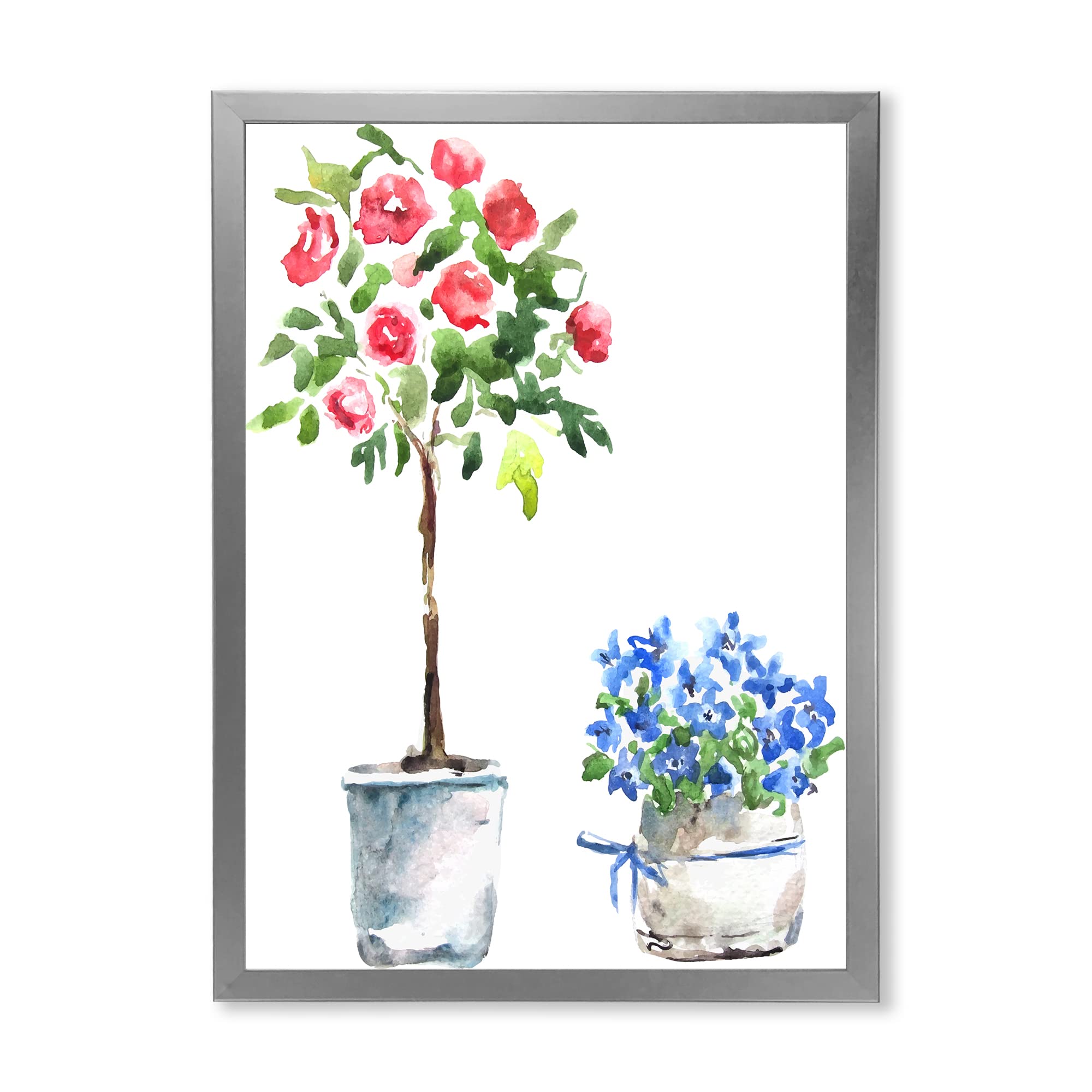 DesignQ Blue and Red Houseplants Traditional Framed Wall Art - Vintage Botanical Print for Living Room, Bedroom & Office Decor