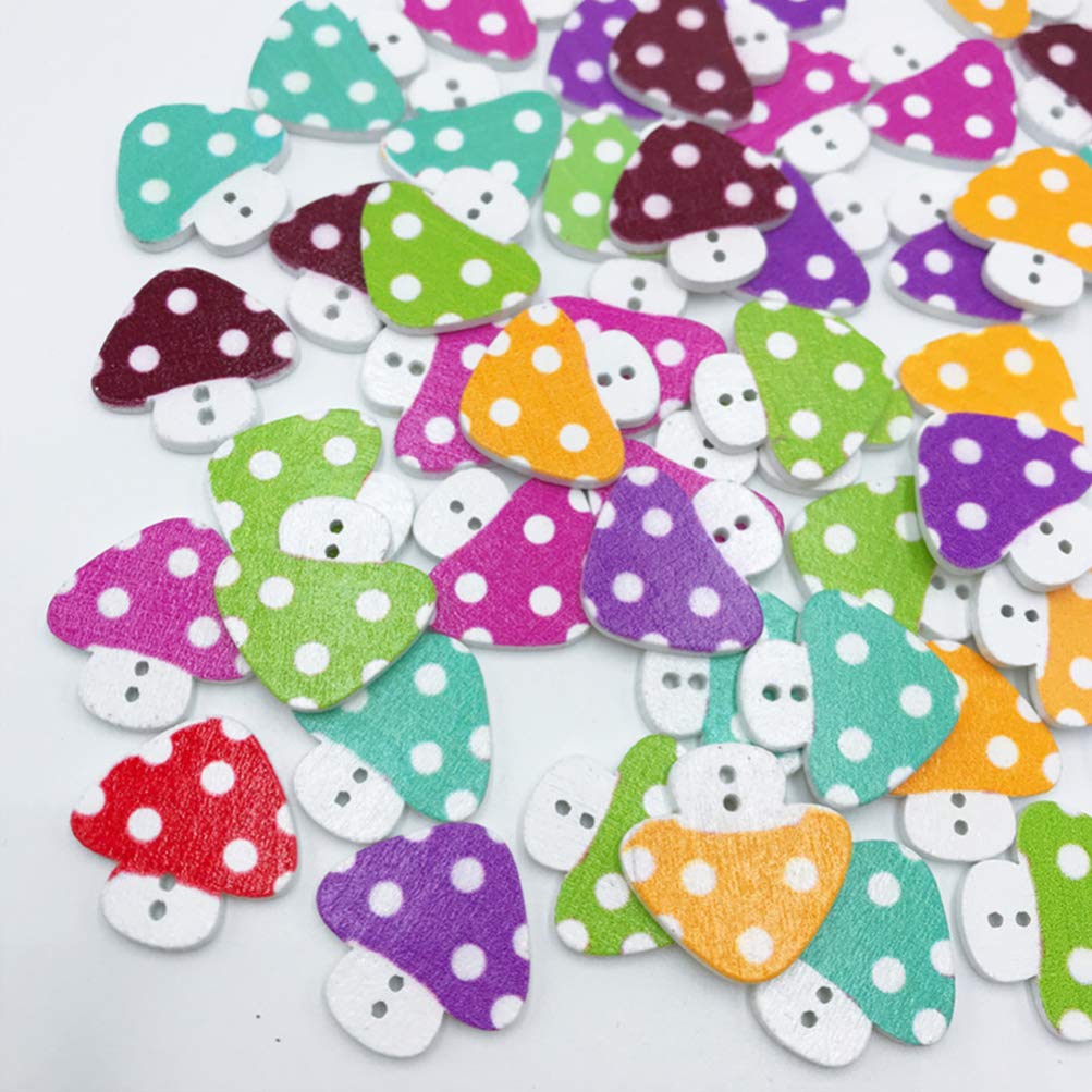 SUPVOX 50pcs Wooden Cartoon Mushroom Buttons for DIY Sewing, Clothing Embellishment, Scrapbooking - 23mm Mixed Color Buttons for Jeans, Blouses & Crafts - Perfect for DIY Projects, Kids Clothing & Handmade Gifts