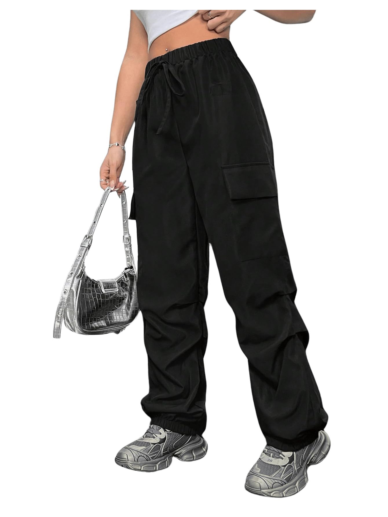 MakeMeChic Women's Casual Baggy Cargo Pants - Drawstring Waist, Wide Leg Design with Flap Pockets | Perfect for Streetwear, Workout & Travel Outfits