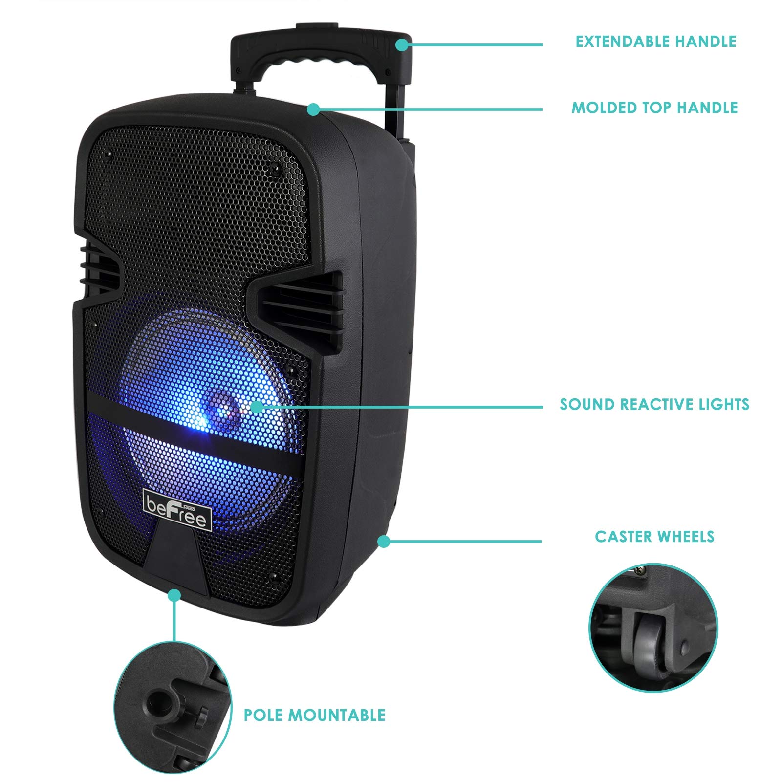 beFree Sound 8 Inch 400 Watt Bluetooth Portable PA Speaker with LED Lights - Perfect for Outdoor Parties, Weddings & Events | Wireless Music System with Powerful Bass