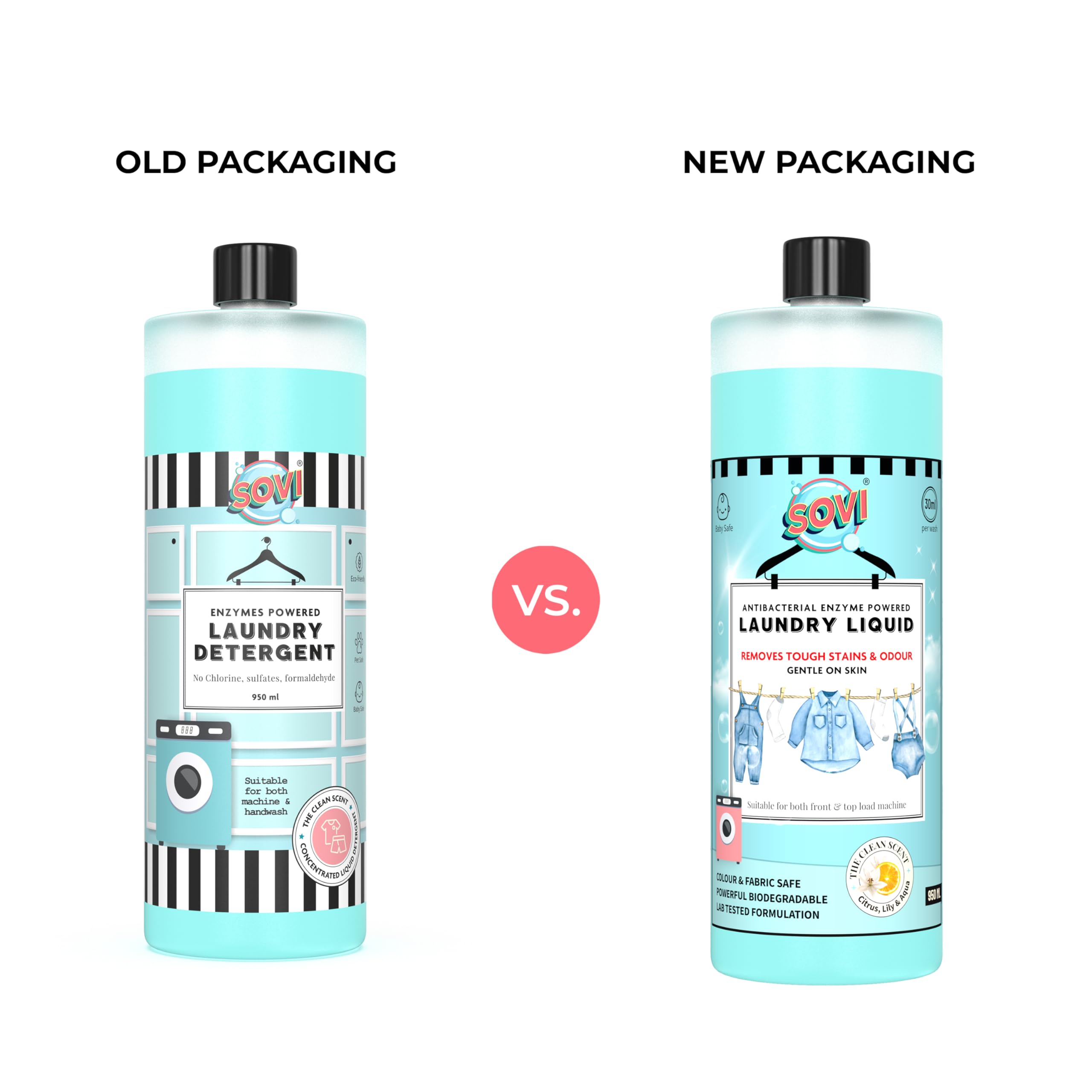 SOVI Bio Enzyme Liquid Laundry Detergent - Eco-Friendly & Biodegradable for Front Load & Top Load Washing Machines (950ml) - Fresh Clean Scent - Ideal for Sensitive Skin & Sustainable Home Cleaning
