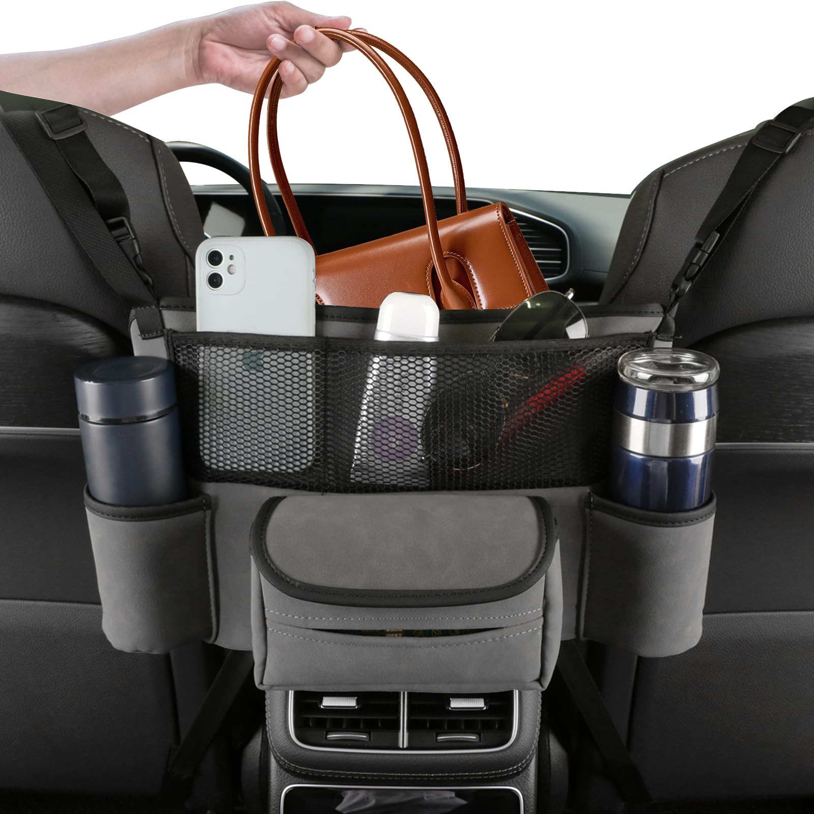 Car Seat Organizer with Cup Holders, Tissue Box Holder & Purse Storage - Universal Front Seat Gap Organizer (Grey) - Perfect for Road Trips, Daily Commute & Family Travel Accessories