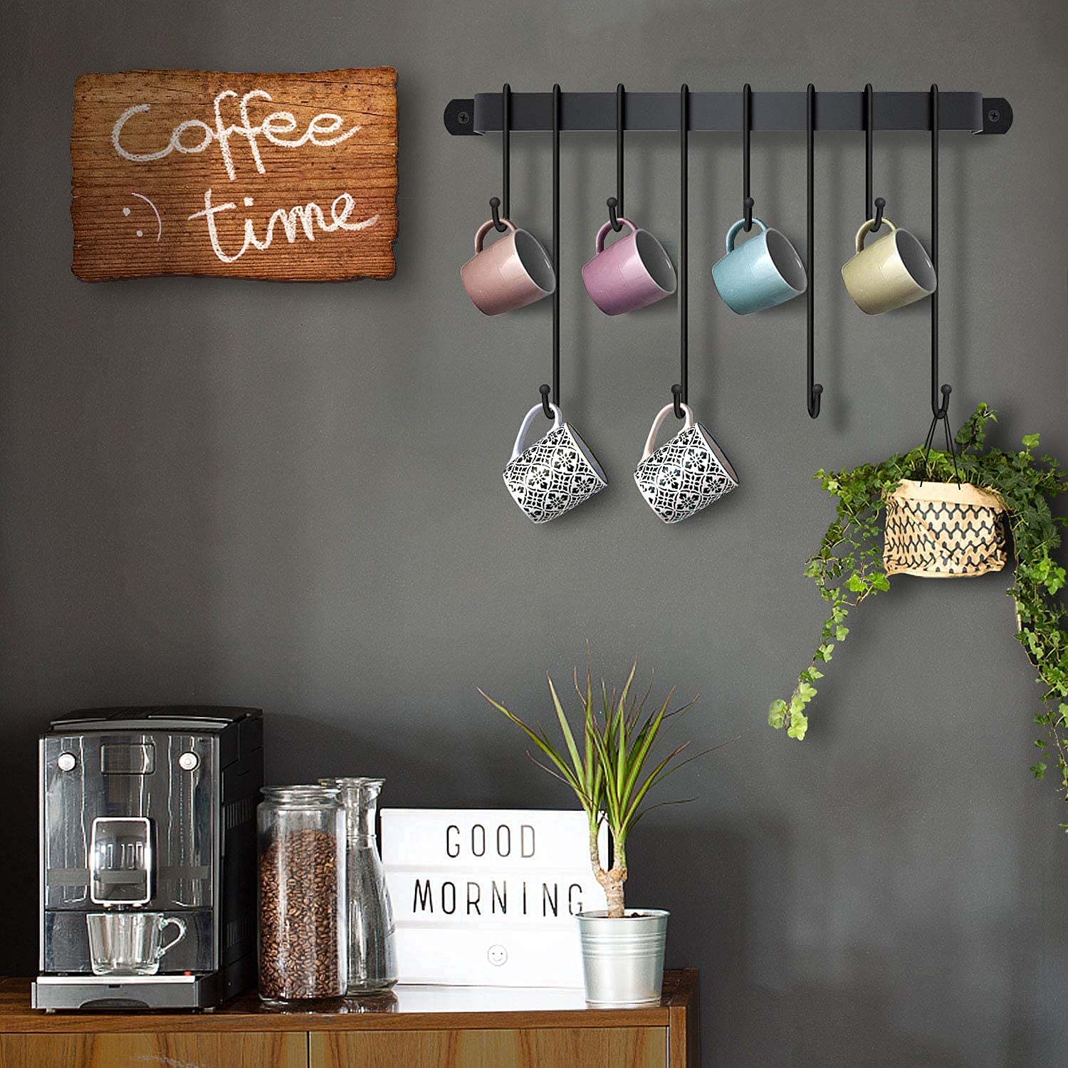 BB DECOR CART Wall Mounted Coffee Mug Holder - 8 Detachable Hooks, Space Saving Kitchen Organizer for Cups & Mugs (Black) - Perfect for Small Kitchens, Coffee Bars & Office Break Rooms