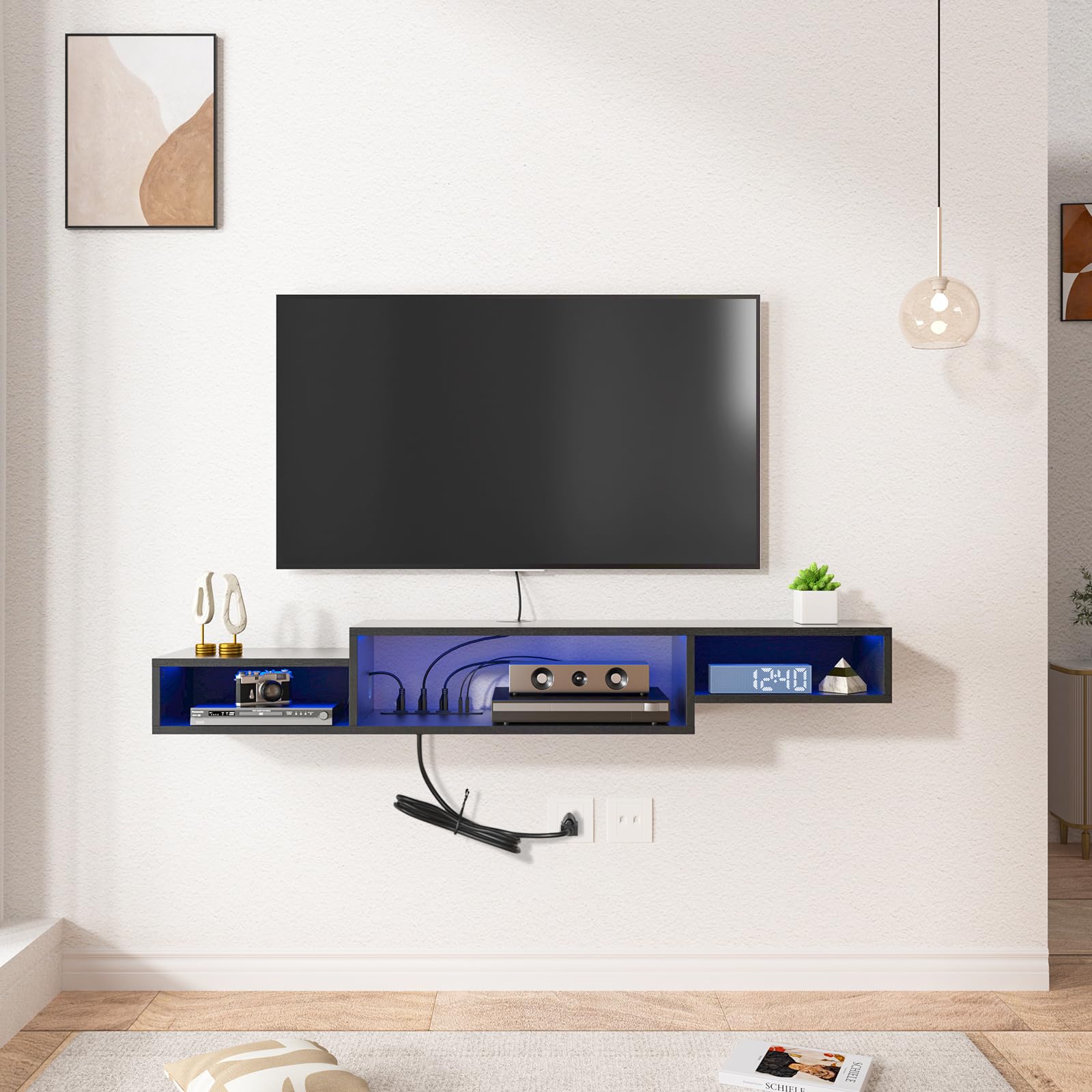 FABATO 59-Inch Floating TV Stand with LED Lights & Power Outlet, Wall Mounted Entertainment Center with Storage Shelf - Modern Media Console for Living Room, Bedroom & Home Theater (Black)