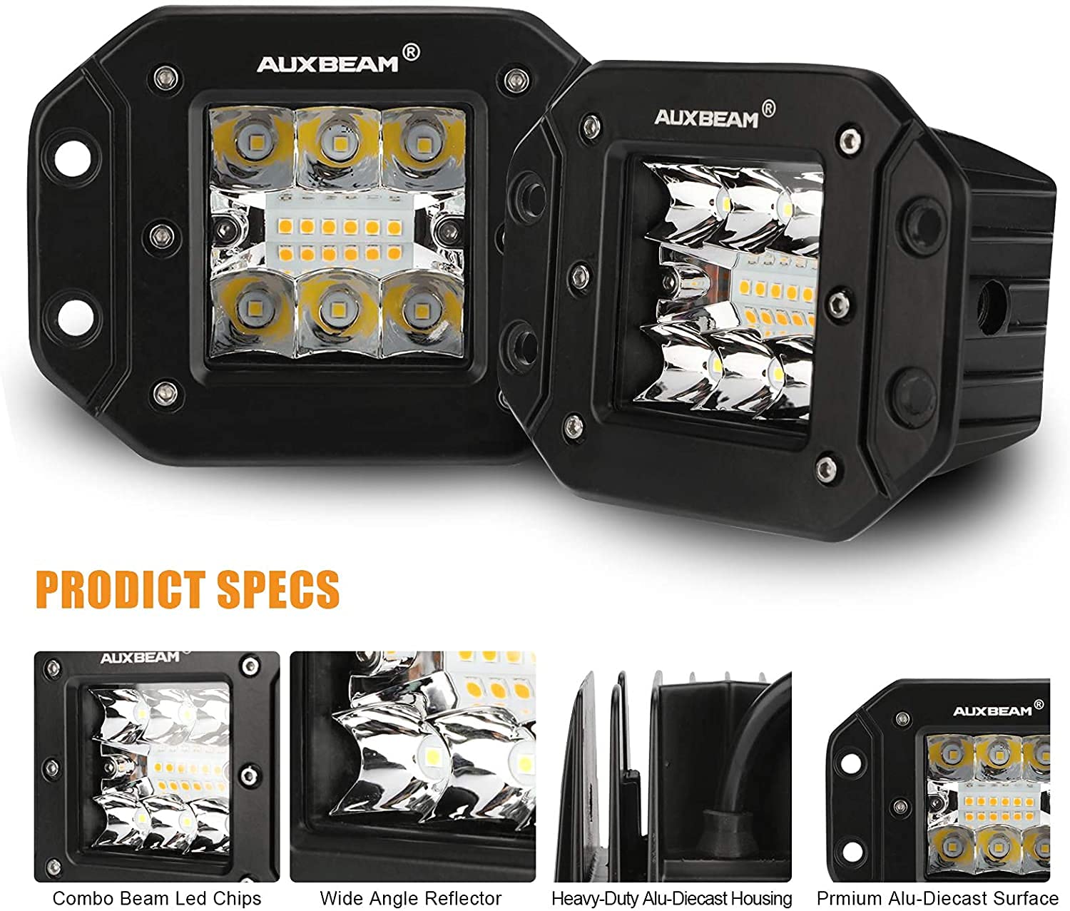 Auxbeam 5-Inch LED Pod Lights 72W Off-Road Light Bar - Flush Mount Driving Strobe Bumper Fog Lights with 6 Modes (White/Amber), Memory Function - Spot Flood Combo for Trucks, ATVs, UTVs, Boats (2-Pack) - Perfect for Off-Roading, Camping & Emergency Vehicles