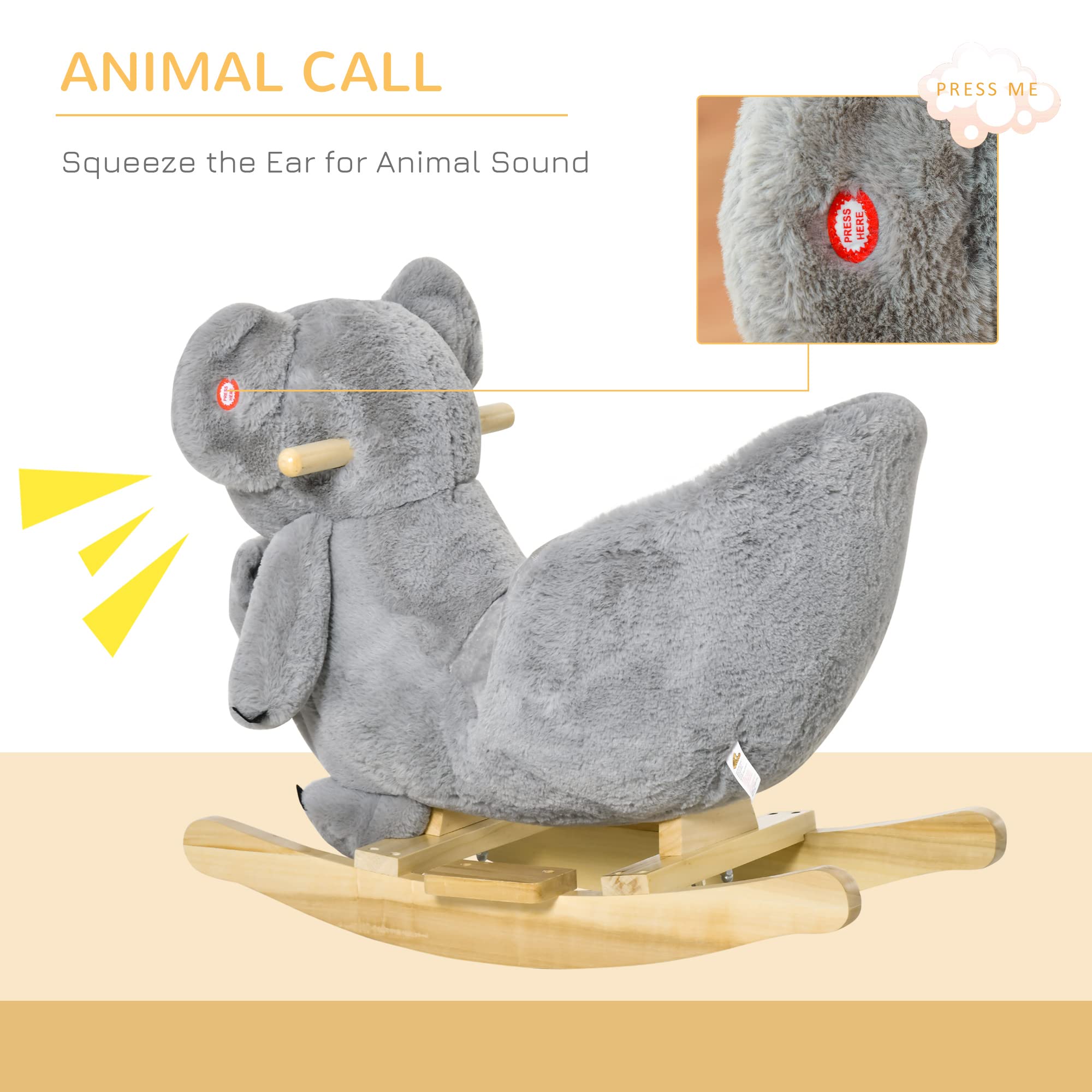 Qaba Kids Plush Ride-On Rocking Horse - Koala-Shaped Soft Toy Rocker with Gloved Doll & Realistic Sounds for Toddlers 18-36 Months (Gray) | Perfect for Indoor Play, Birthday Gifts & Early Childhood Development