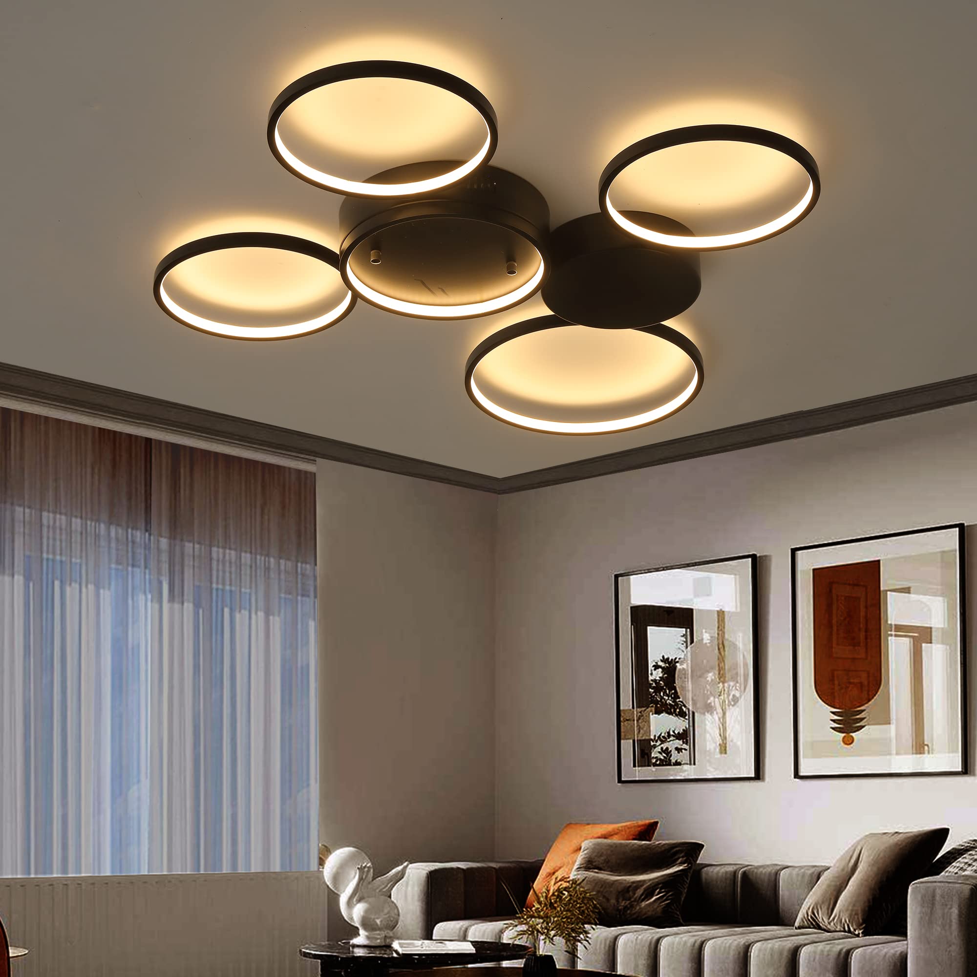 KARMIQI 37W Dimmable LED Flush Mount Ceiling Light - Modern Black Ring Circle Fixture for Living Room, Bedroom, Dining Room & Kitchen - Perfect for Ambient Lighting and Home Decor