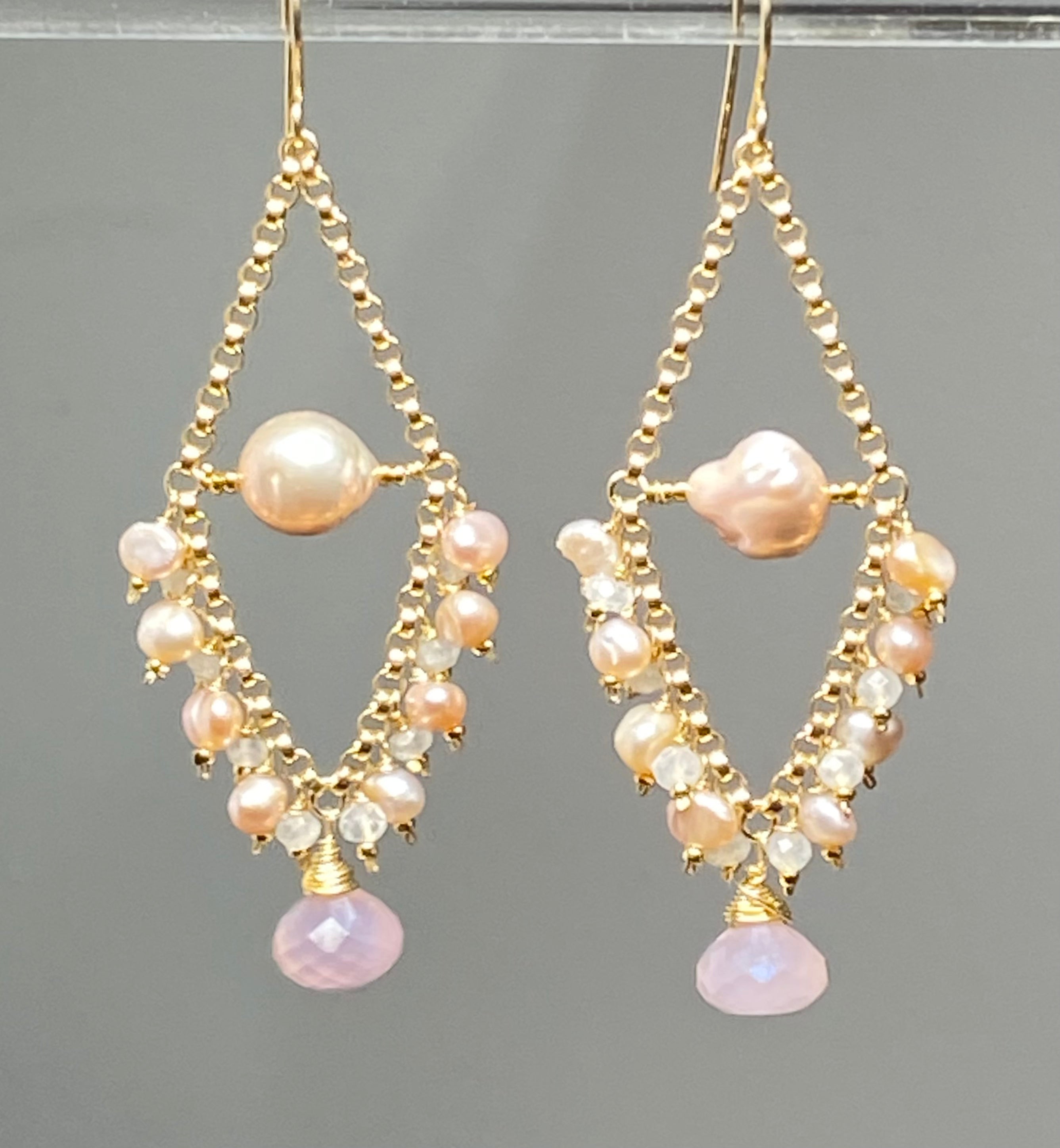 Elegant Pink Pearl & Moonstone Chandelier Earrings for Women | Vintage Boho Wedding Jewelry | Perfect for Bridal, Party & Evening Occasions