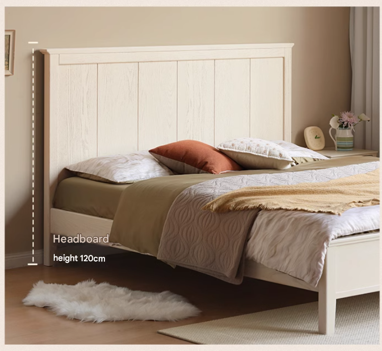 Solid Oak Wood High Headboard Full Size White Bed - American Style Bedroom Furniture for Master Bedroom & Guest Room Decor
