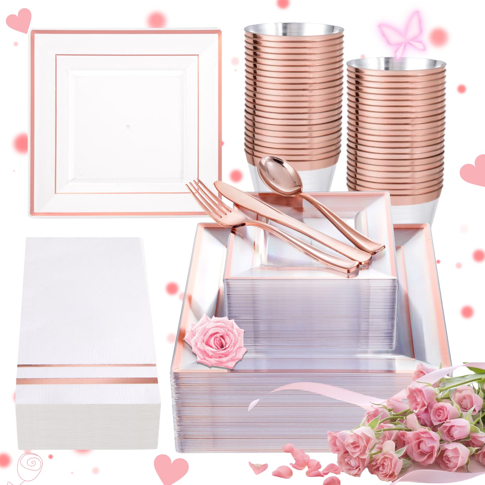 350-Piece Rose Gold Plastic Dinnerware Set - Disposable Plates, Cups, Cutlery & Napkins for 50 Guests | Elegant Party, Wedding & Event Tableware | Perfect for Bridal Showers, Birthday Parties & Catering Events