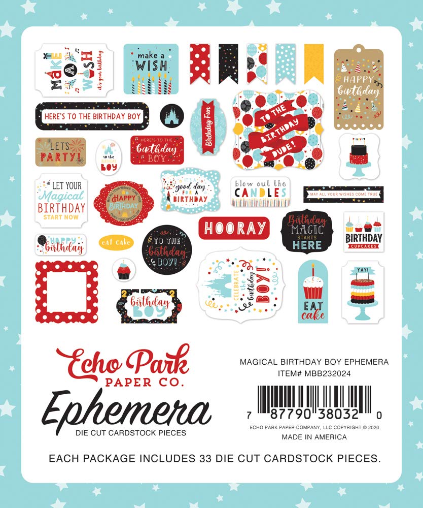 Echo Park Paper Collection Bundle - Magical Birthday Boy Icons & Frames Ephemera Set for Scrapbooking, Card Making, and DIY Party Decorations