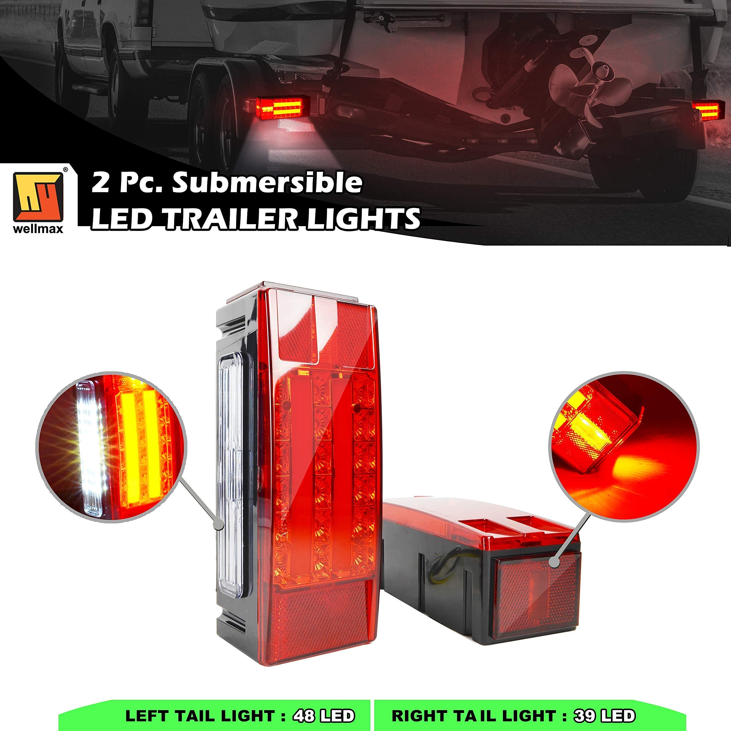 Wellmax LED Boat Trailer Lights Combo Set - Waterproof Submersible Kit for Marine Trailers - Perfect for Night Boating & Road Safety