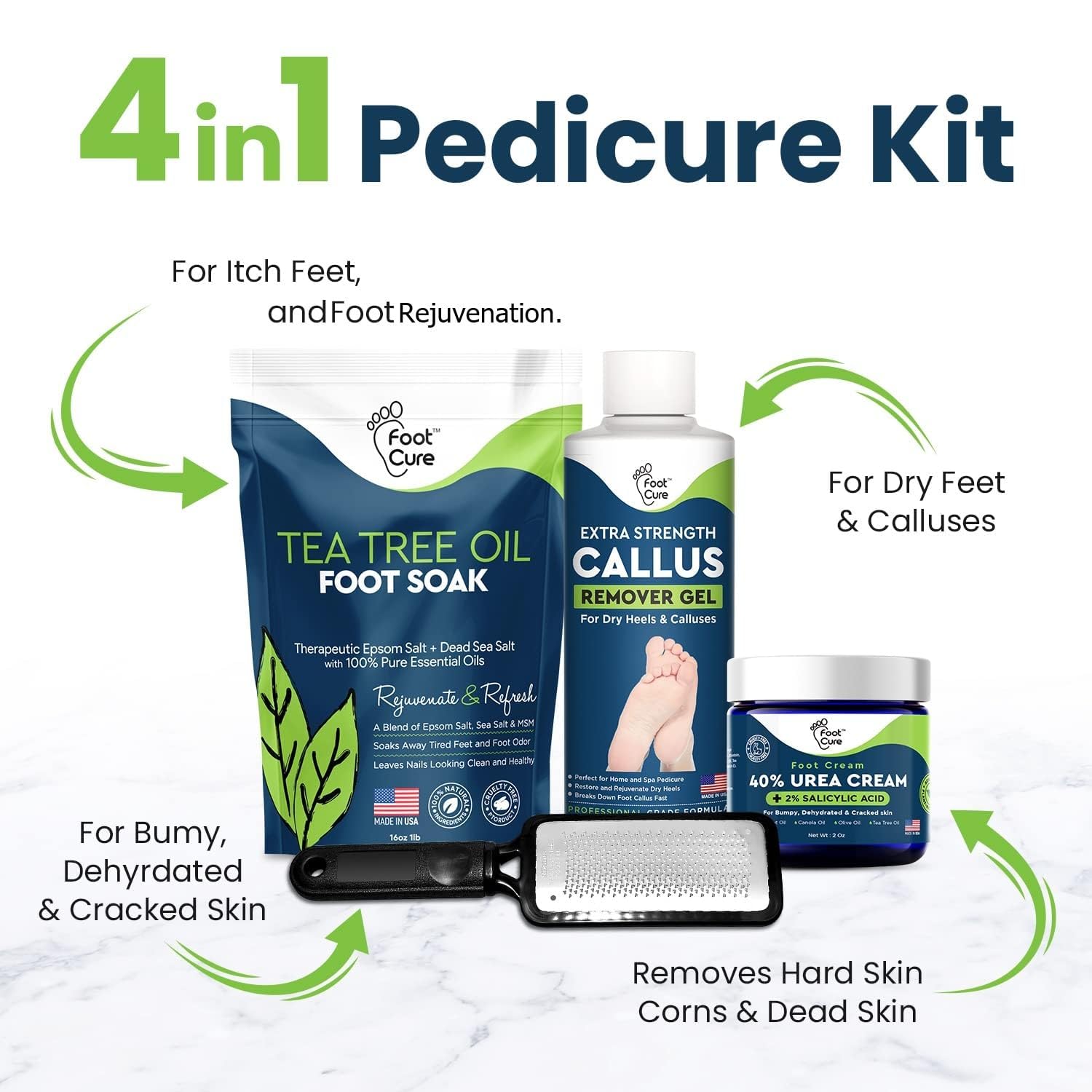 Professional Foot Care Pedicure Set – Exfoliator & Callus Remover with Foot File, Tea Tree Oil Foot Soak Salts, 40% Urea Cream & Callus Removal Gel – Made in USA – Perfect for At-Home Spa, Cracked Heel Treatment & Soft Feet Care