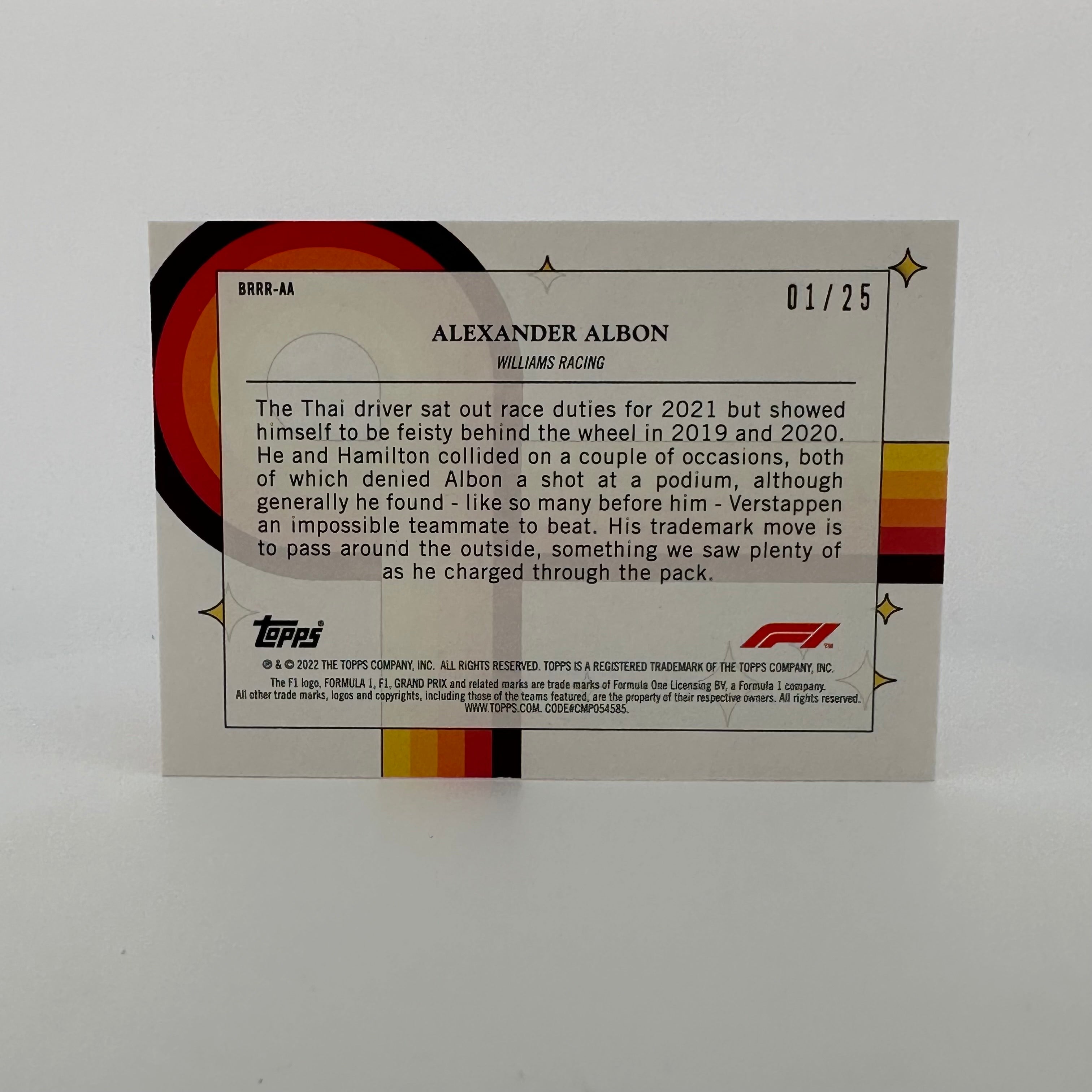 2022 Topps Formula 1 Alexander Albon Orange #01/25 Bounce Rock Race Roll - Rare Racing Card for Collectors & F1 Fans (Perfect for Trading, Display, and Memorabilia Collections)