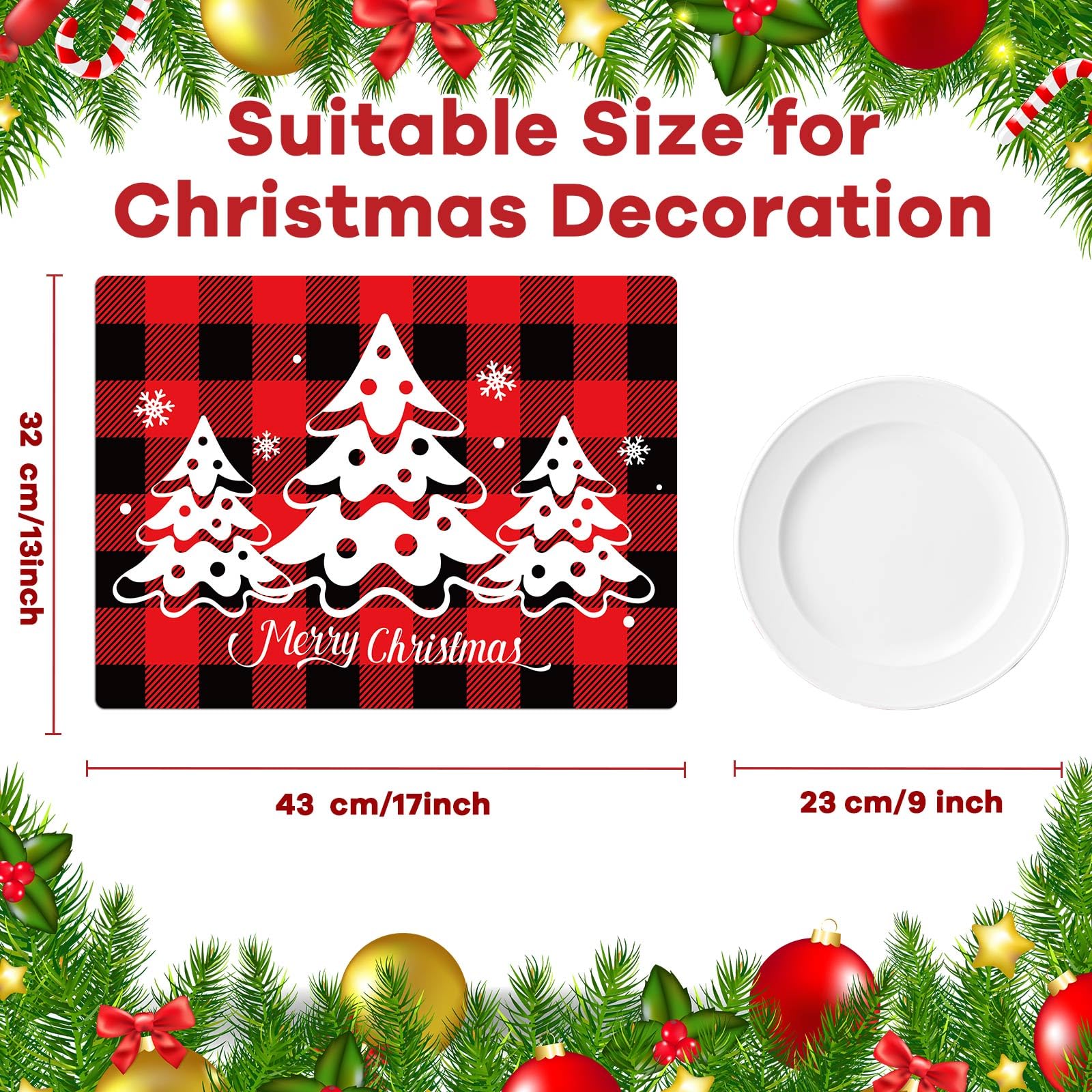 6-Piece Red and Black Plaid Christmas Placemats Set - Washable, Recyclable Plastic Holiday Table Mats for Indoor & Outdoor Use | Perfect for Xmas Parties, Kitchen & Dining Table Decorations