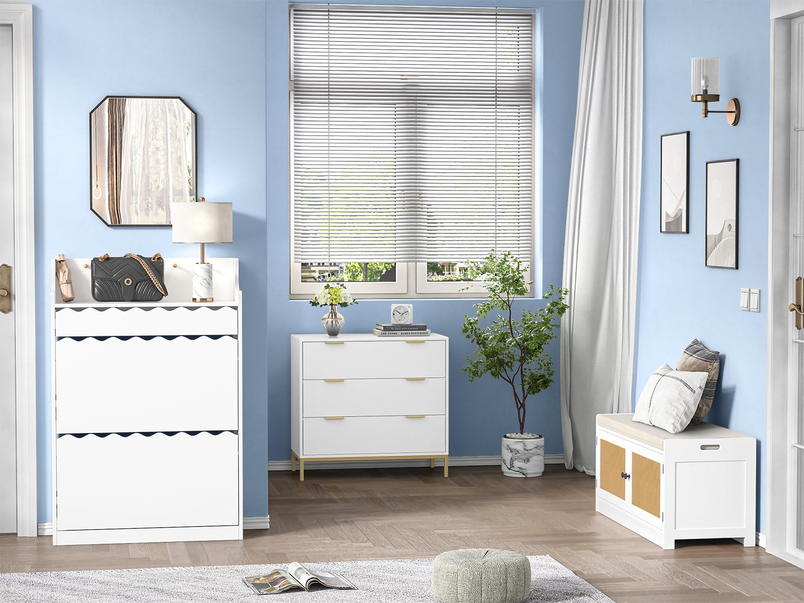 Anmytek White Shoe Storage Cabinet with 2 Flip Drawers & Drawers - Narrow Freestanding Hidden Wood Shoe Organizer for Entryway, Hallway, Living Room - Perfect for Small Spaces, Apartment Entry, and Closet Organization
