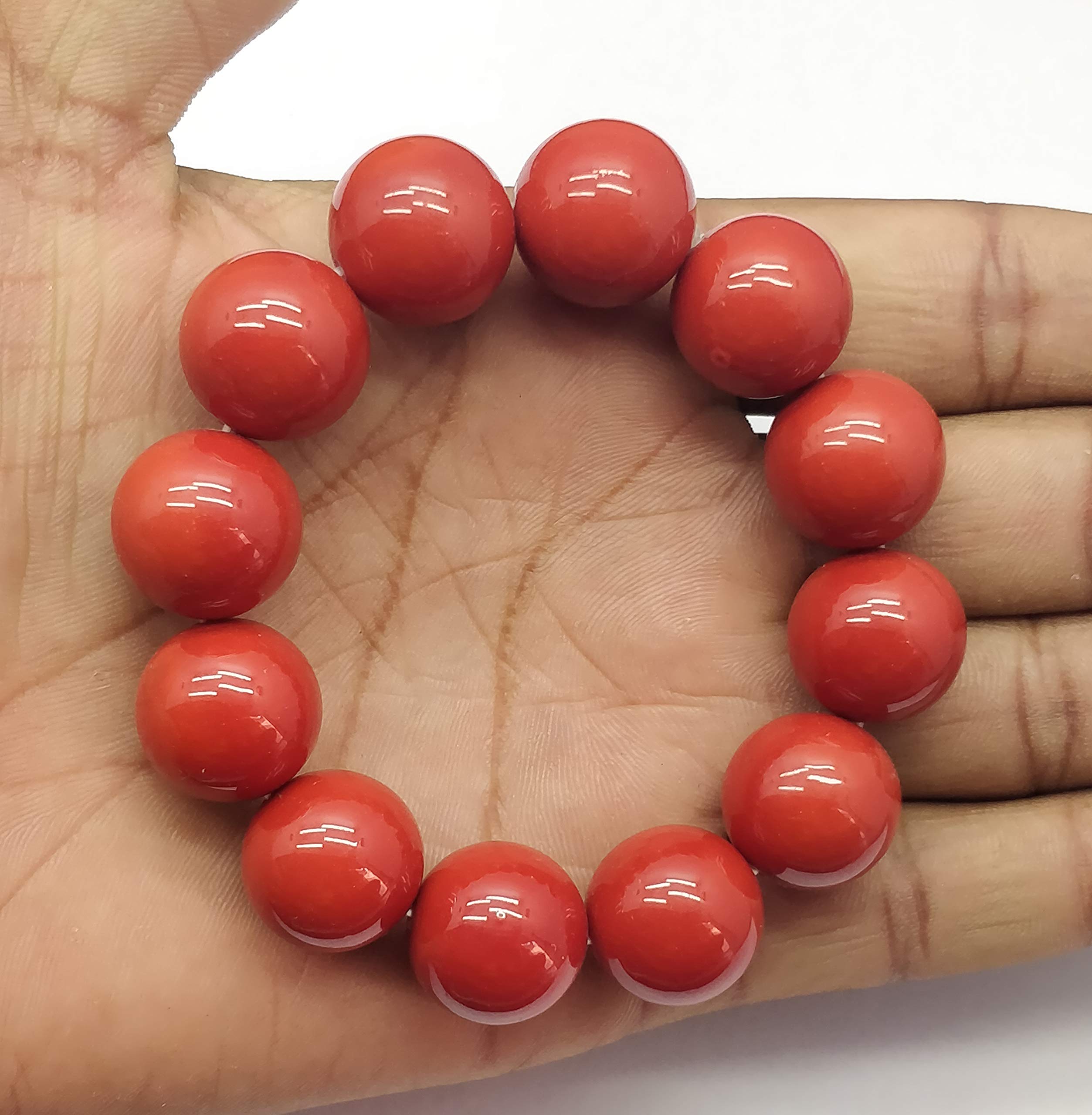 Natural Red Coral 16mm Round Smooth Beaded Stretch Bracelet for Men & Women - Handmade Jewelry Gift for Birthday, Anniversary & Special Occasions - Perfect for Boho, Beach & Everyday Wear