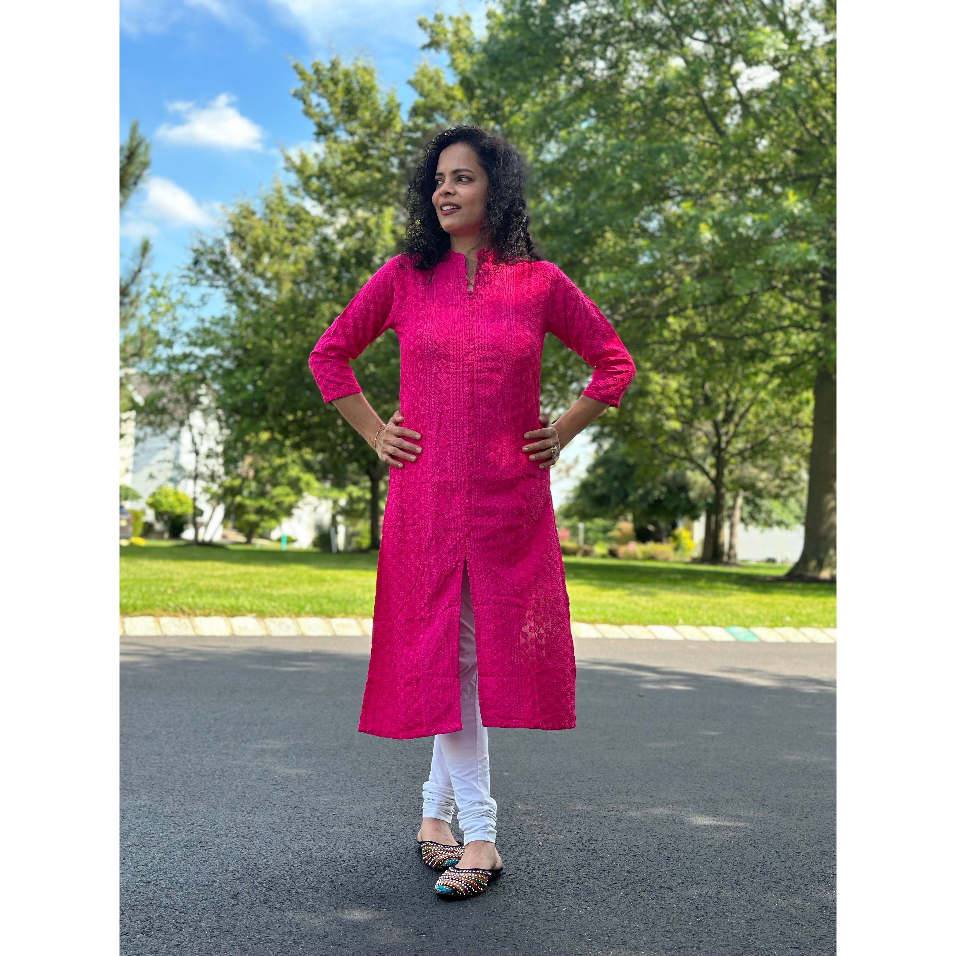 Lakhnavi Chikankari Kurta for Women - Elegant Dark Pink Embroidered Kurti | Perfect for Festivals, Weddings & Ethnic Occasions