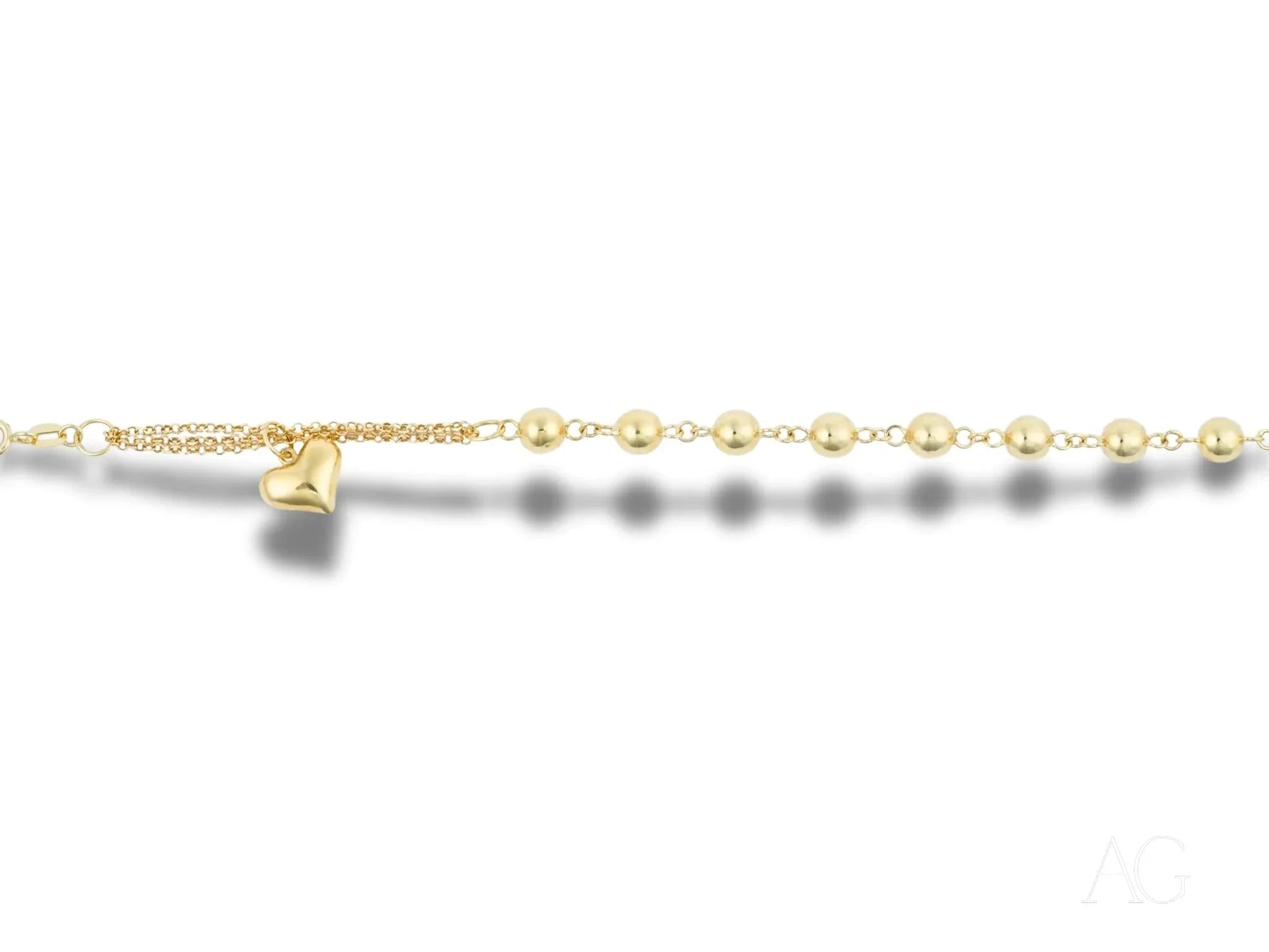 18k Gold Heart Charm Bracelet with Polished Beads - Elegant Jewelry for Women, Perfect for Valentine's Day Gifts & Special Occasions
