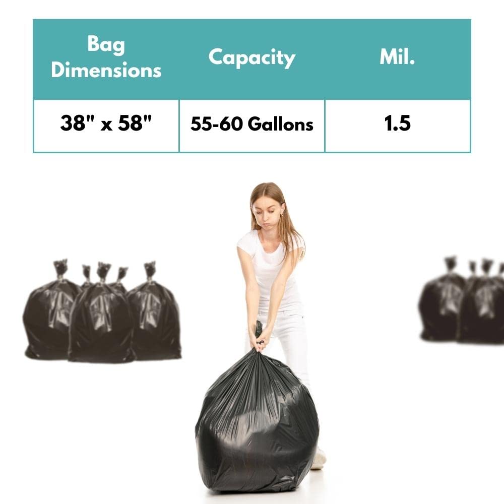 55-60 Gallon Heavy Duty Black Trash Bags - 200 Count Commercial Grade 1.5 Mil Thick - Large Garbage Can Liners for Kitchen, Warehouse, Office & Janitorial Use - Perfect for Restaurant Waste Disposal & Bulk Trash Collection