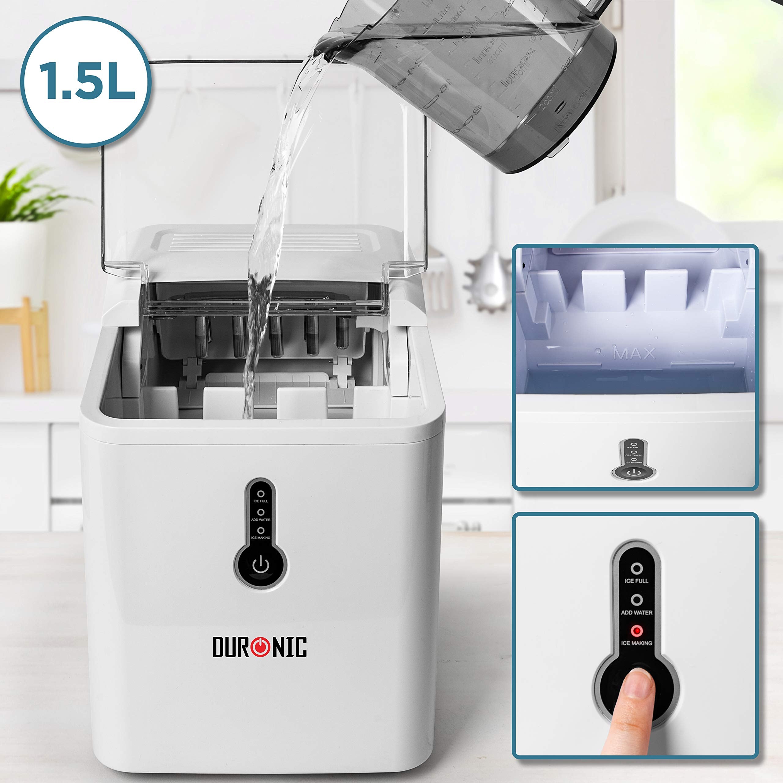 Duronic ICM120 Portable Ice Maker Machine - Fast 7-Minute Ice Cube Production, 12KG/24H Self-Cleaning, Includes Ice Scoop & Basket - Perfect for Home, Office, Bar, RV, BBQ Parties & Outdoor Gatherings - White